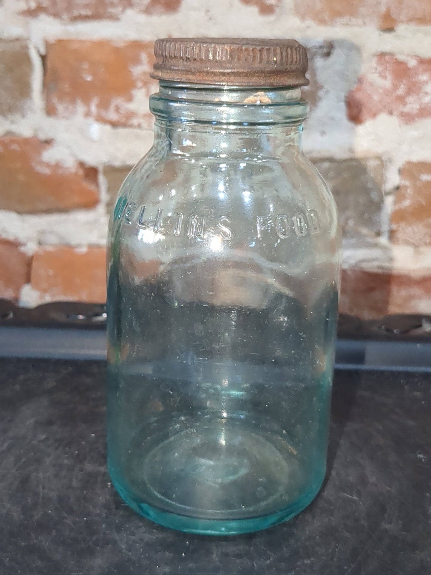 Vintage Mellin's Food Co Boston 6" Bottle Jar Aqua Blue Glass with lid Mellins bt87
