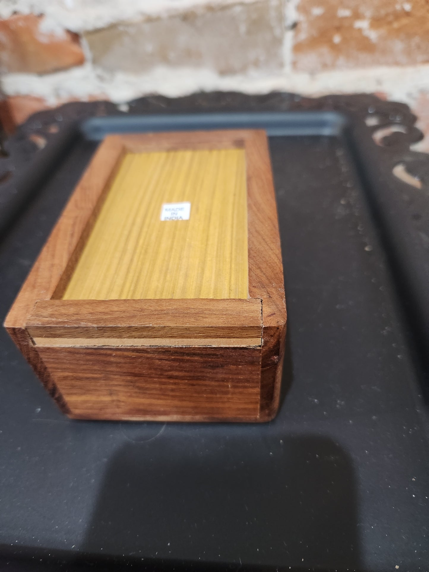 Vintage Hand Craved Wooden Box Lid Opening on Bottom Floral Design smaller of the two boxes box46
