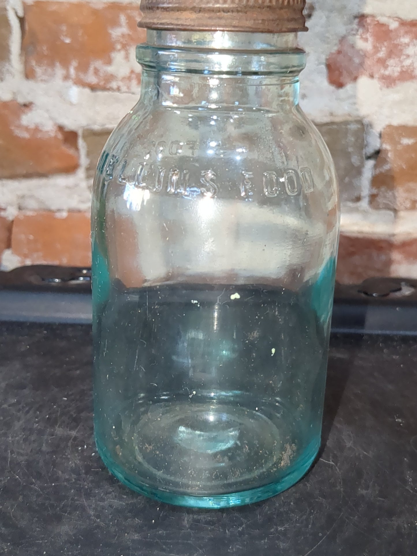Vintage Mellin's Food Co Boston 6" Bottle Jar Aqua Blue Glass with lid Mellins bt87