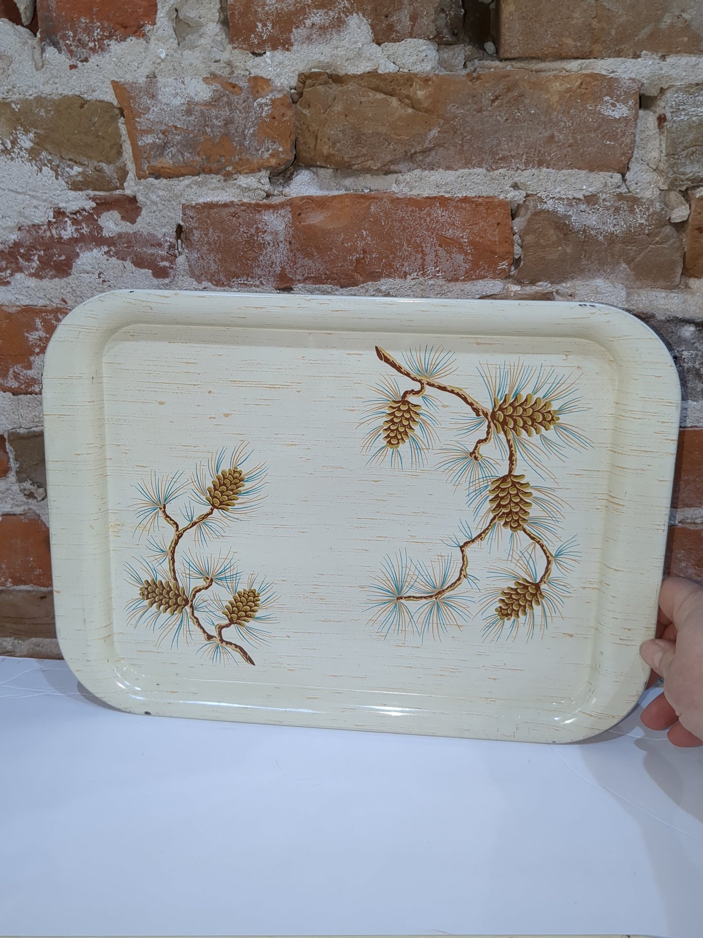 Vintage MCM Turquoise, brown, cream, buttery yellow Pine Cone Metal Serving Tray