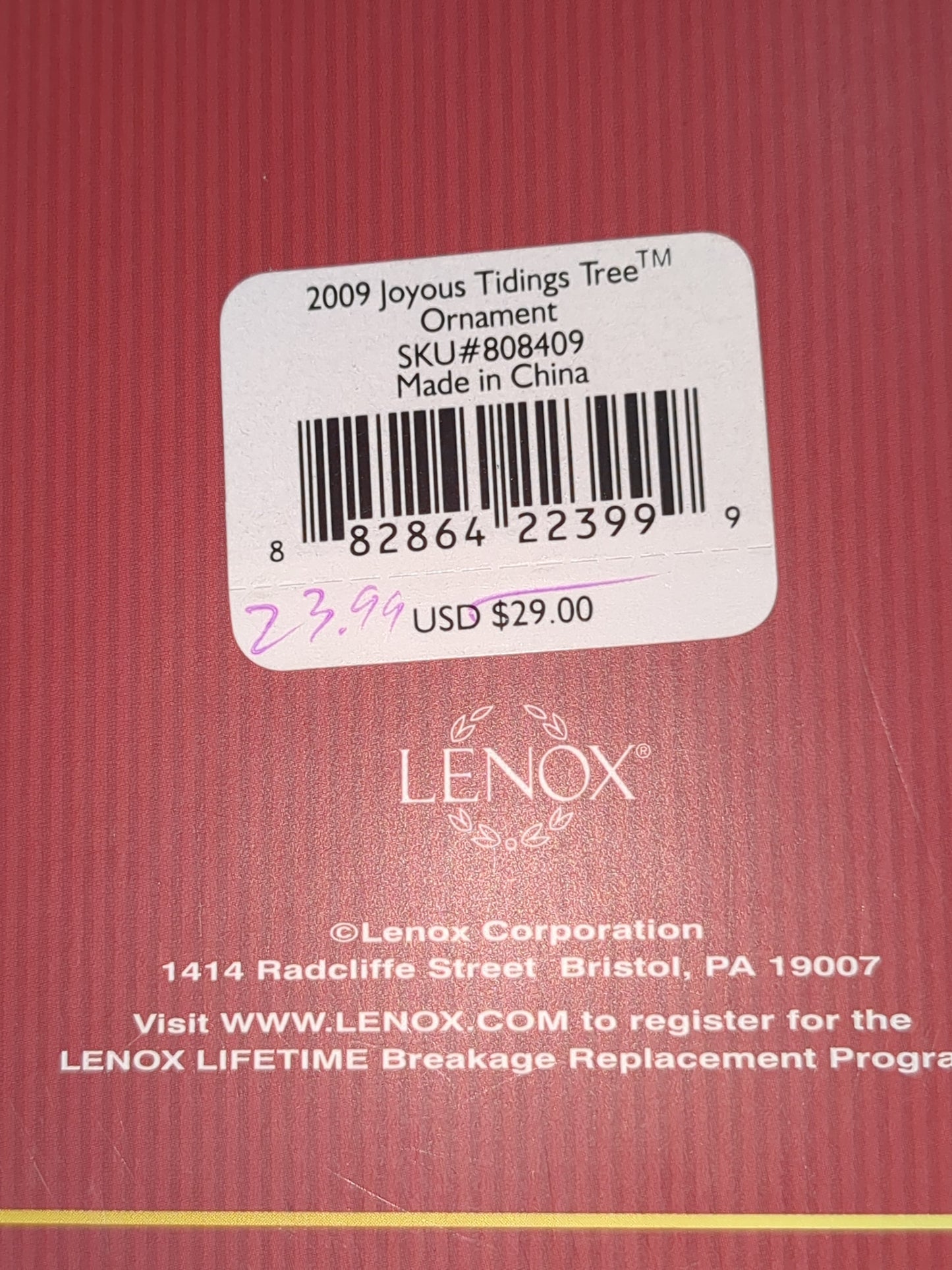 Lenox 2009 Annual porcelain ornament Joyous Tidings Tree Ornament len22