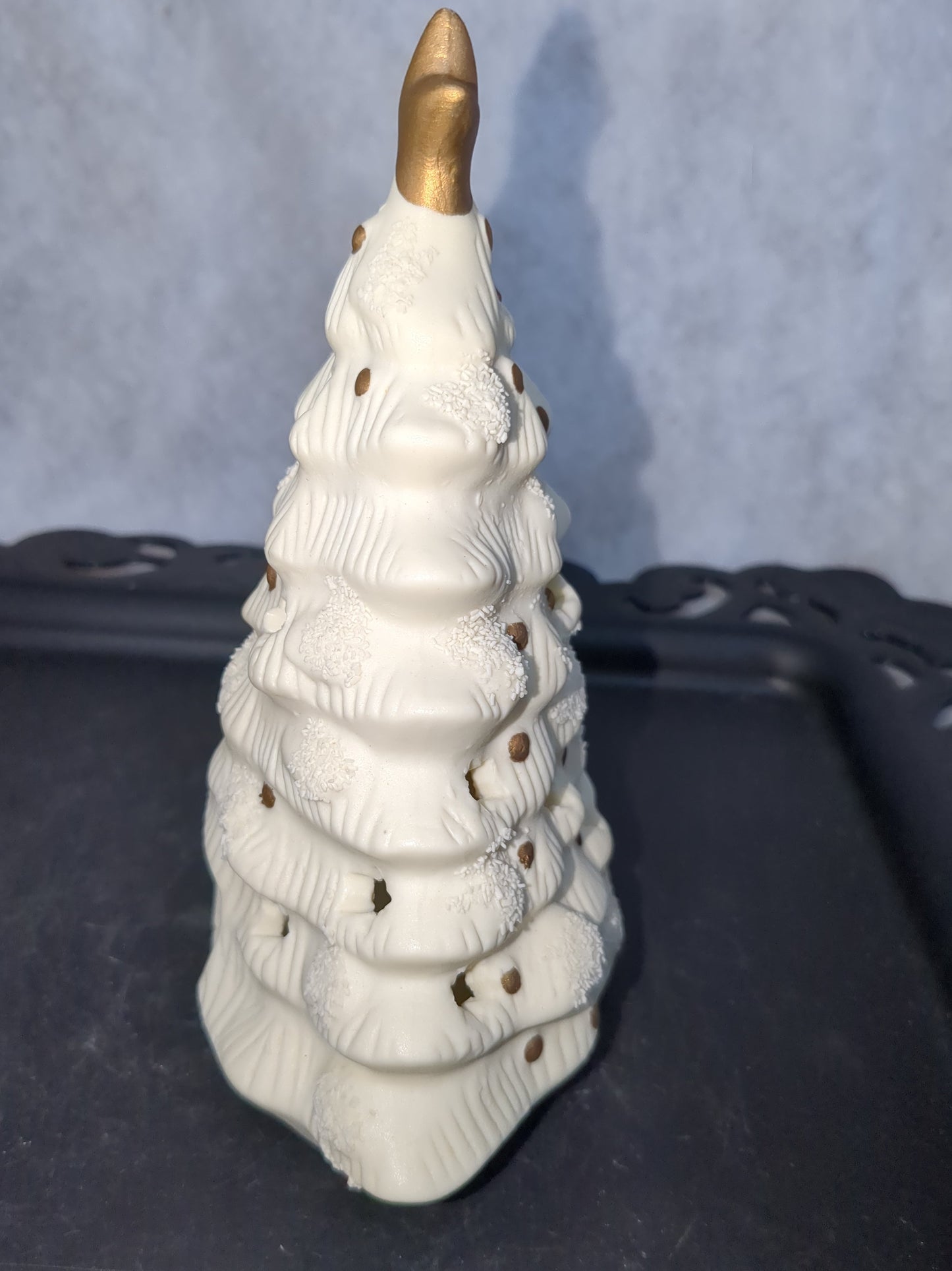 Vintage Matte Ceramic Christmas Tree Votive Holder-White Gold Star Candles