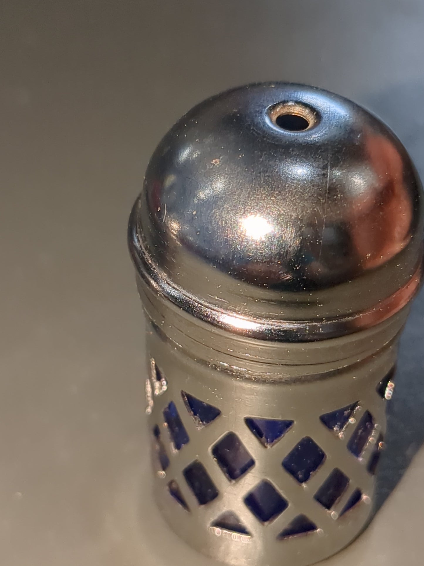 Silver and cobalt Blue glass and metal Lattice Salt and Pepper Shakers