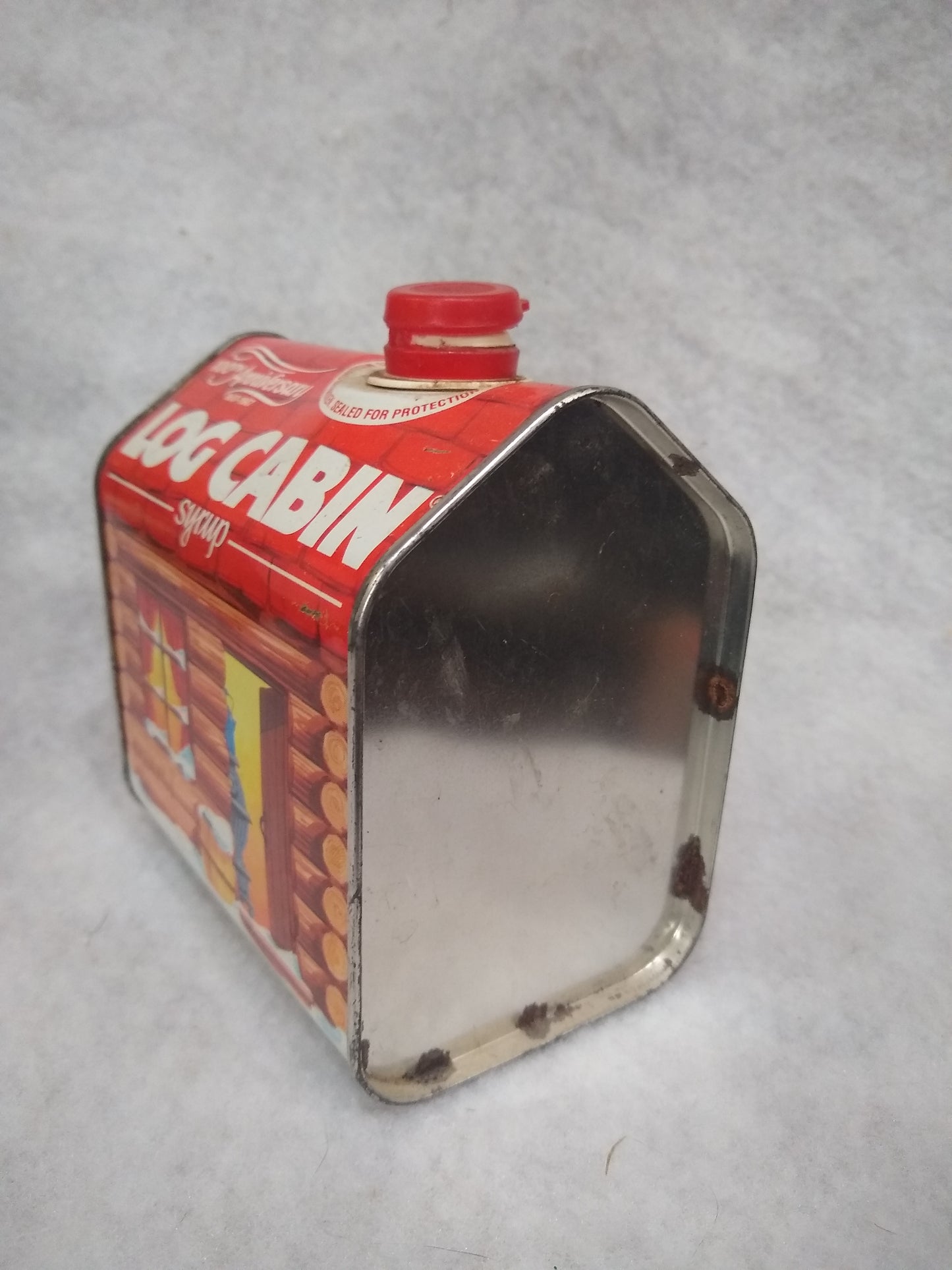 Vintage EMPTY tin "100th Anniversary 1887-1987 Log Cabin Syrup with Top tin663