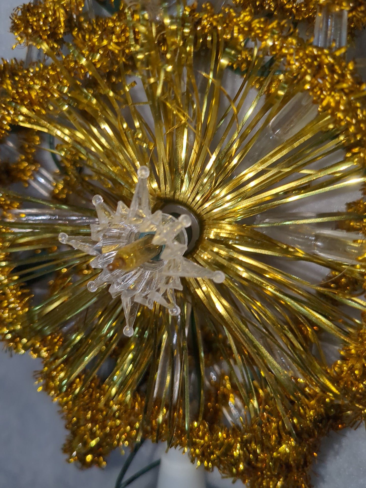 111 Vintage Christmas Tree Topper Santa Trim 10 Lights Tree Top Box gold tinsel tt564