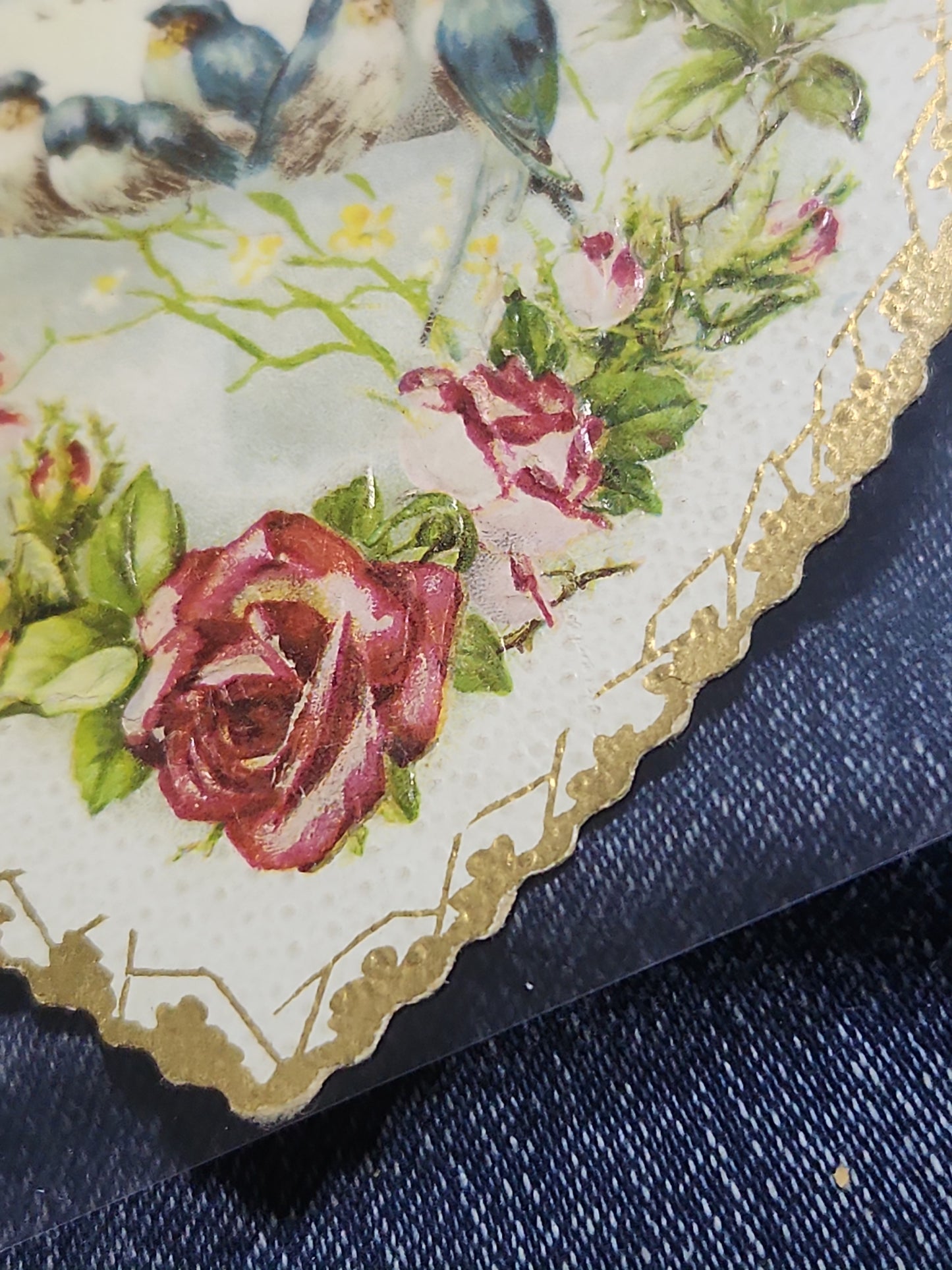 Antique Valentine Card Die-Cut Embossed Heart with Birds and Roses