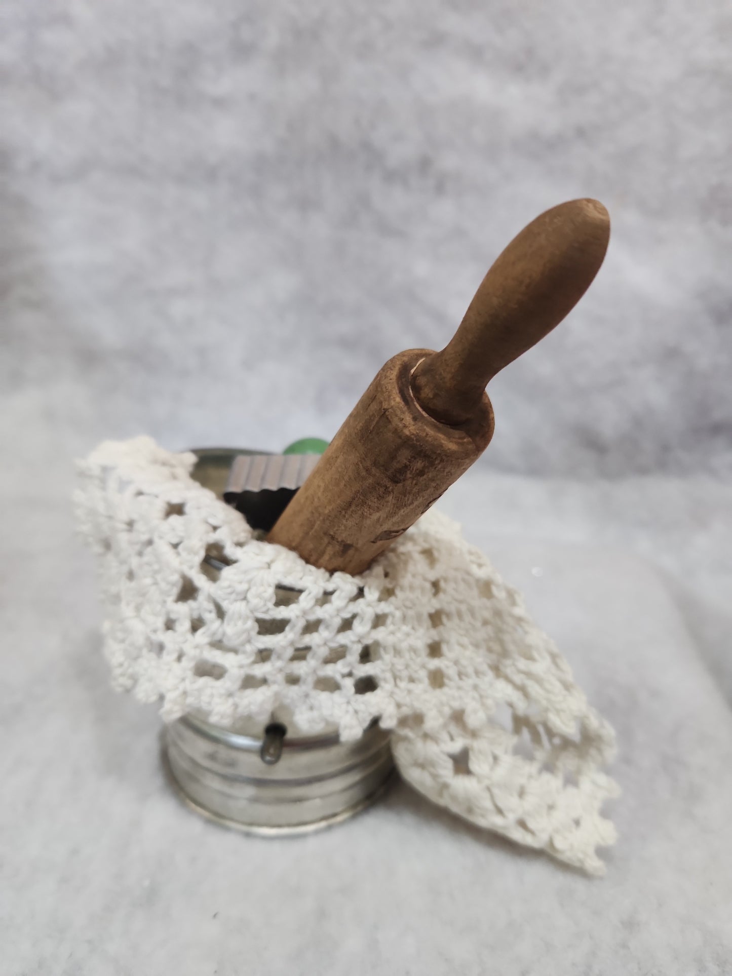 Flour sifter, rolling pin, doily, cookie cutter assemblage asb21