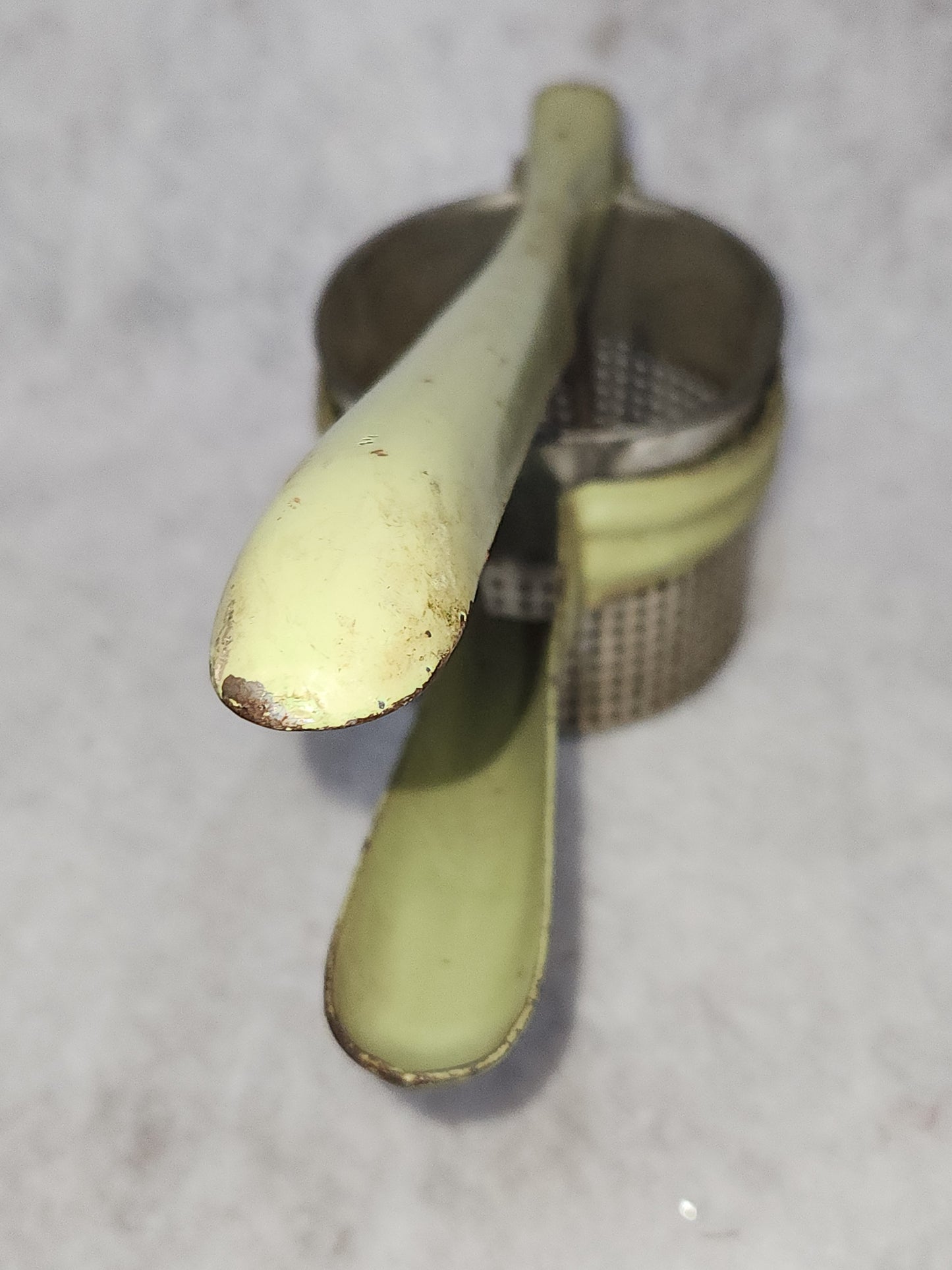 Vintage Old Green Potato Ricer Dirty Mint Green Handle Universal No Makers Mark kit920