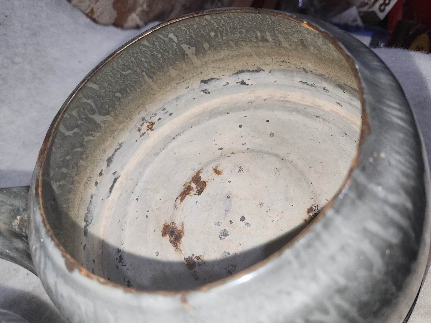 Vintage Primitive Graniteware Enamelware Double Boiler Pot Light Grey Dark Grey Speckled en88