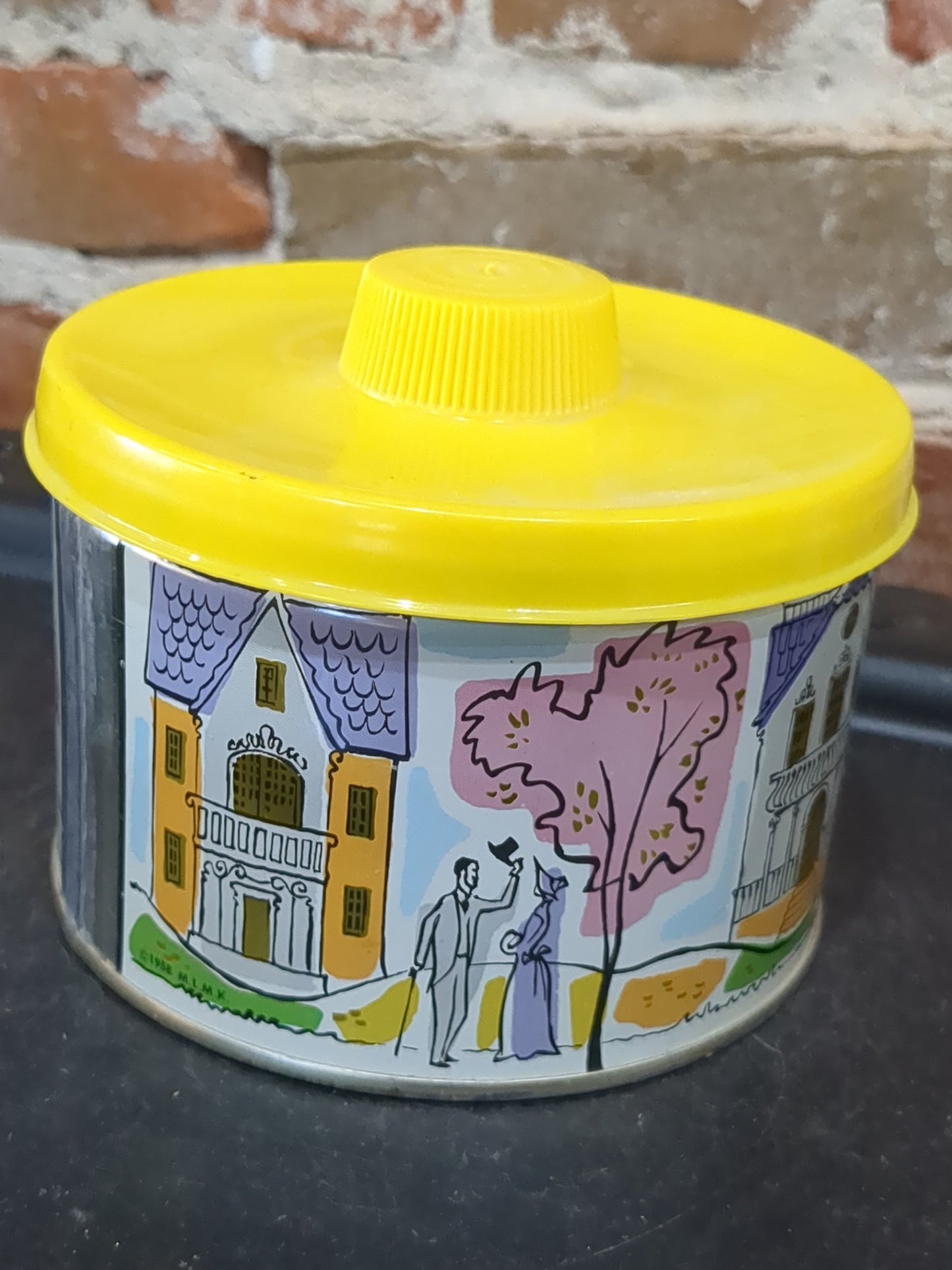 1958 vintage Tin Mrs. Leland's Old Fashioned Golden Butter Bits Horse and Carriage house girl & hoop tin347