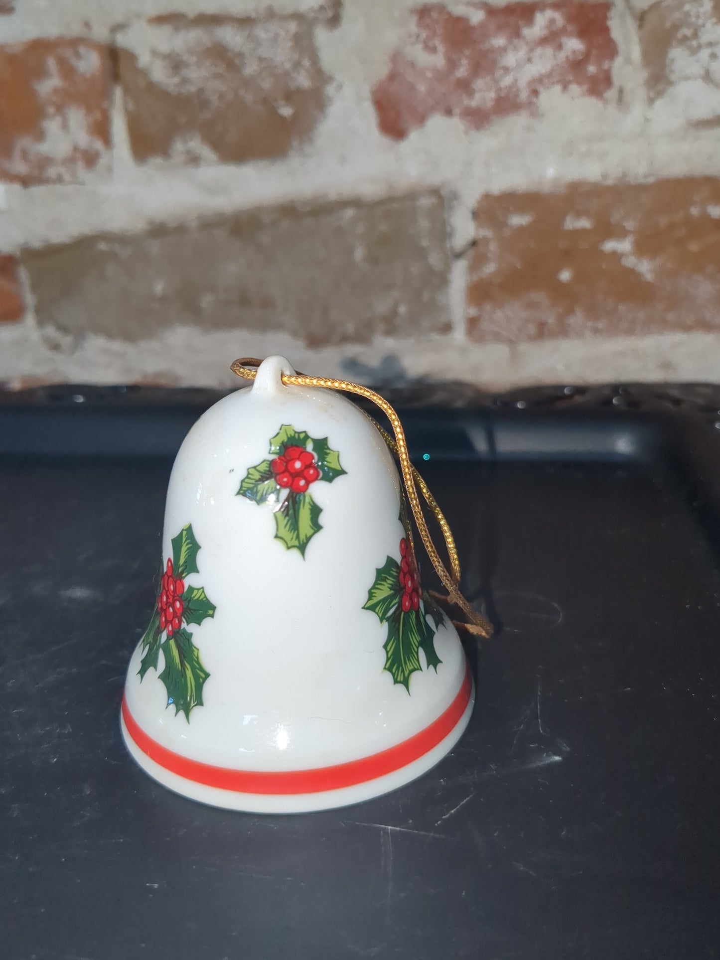 Vintage Lefton Christmas Ornament Porcelain Bell with Holly & Berries Japan #8304 bell89