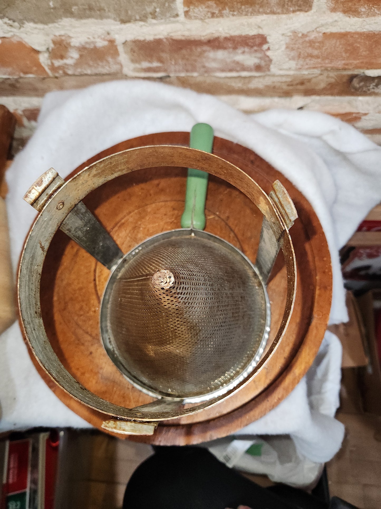 Vintage Cone Sieve Colander in stand Green Handle Patina kit719