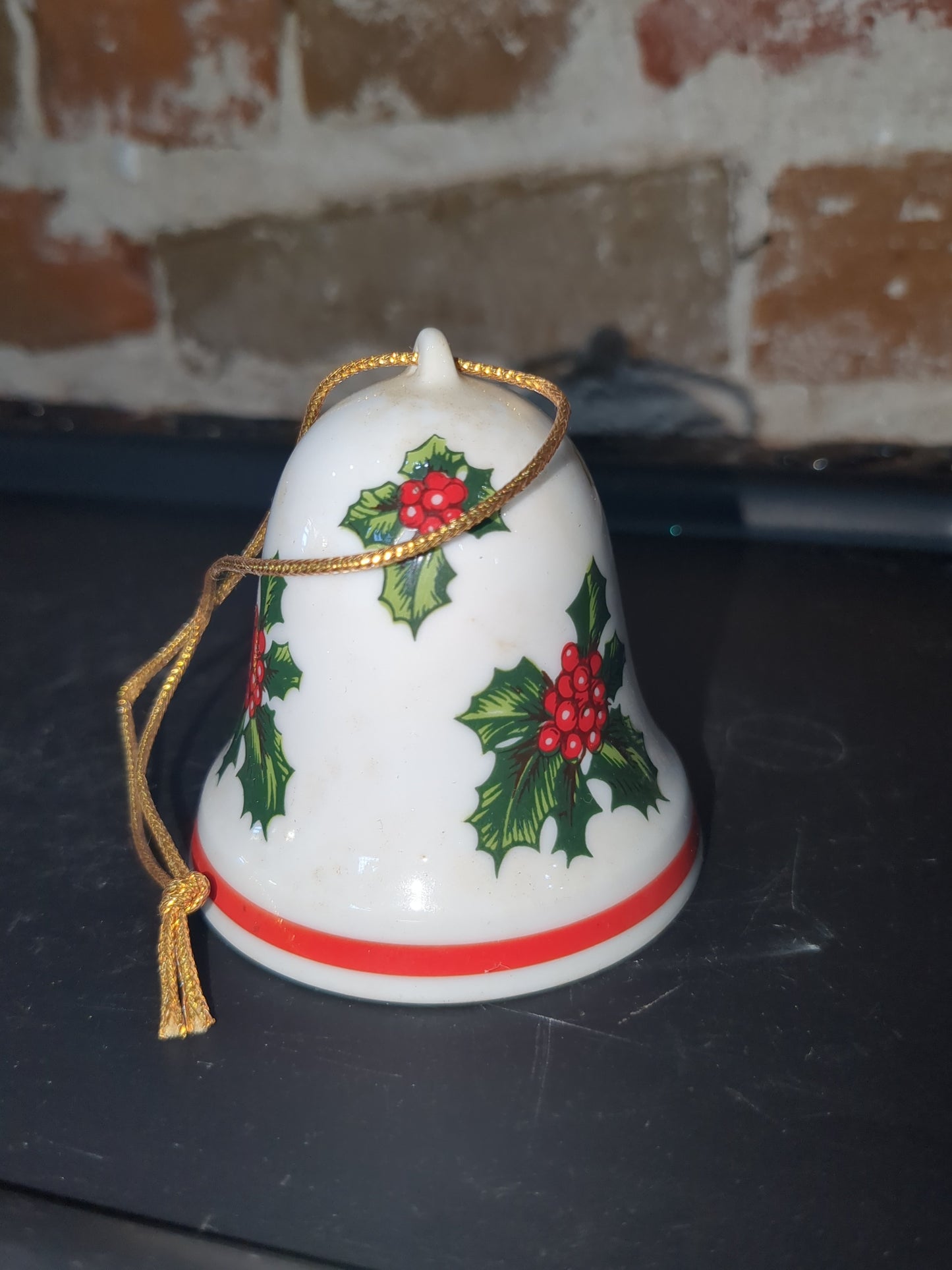 Vintage Lefton Christmas Ornament Porcelain Bell with Holly & Berries Japan #8304 bell89
