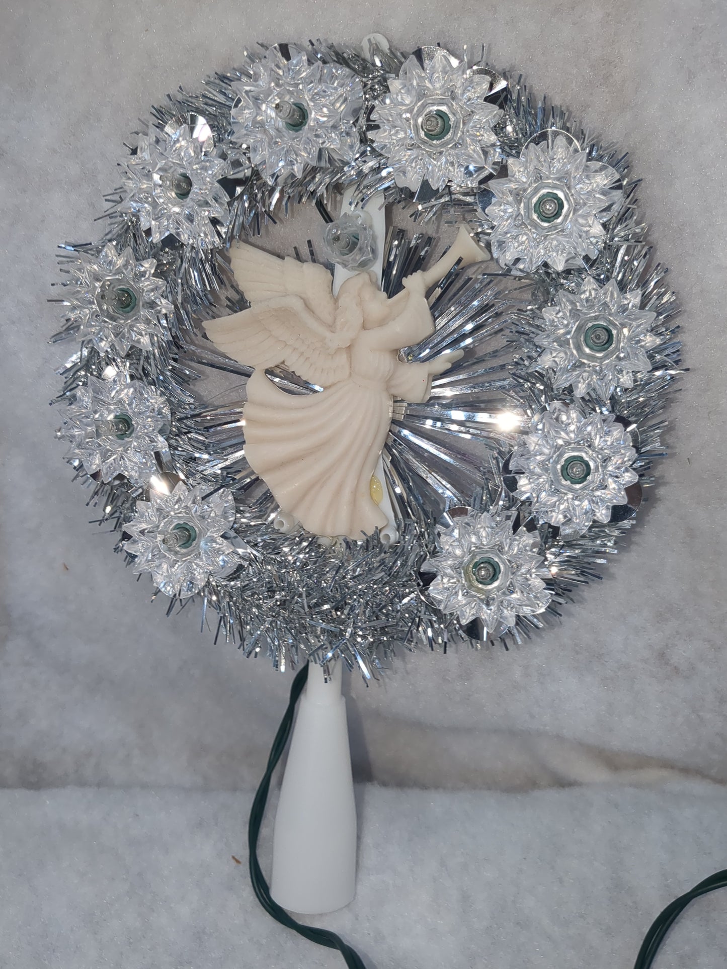 111 Vintage Merry Brite 11- Light Tree Topper Silver tinsel White Angel works tt236