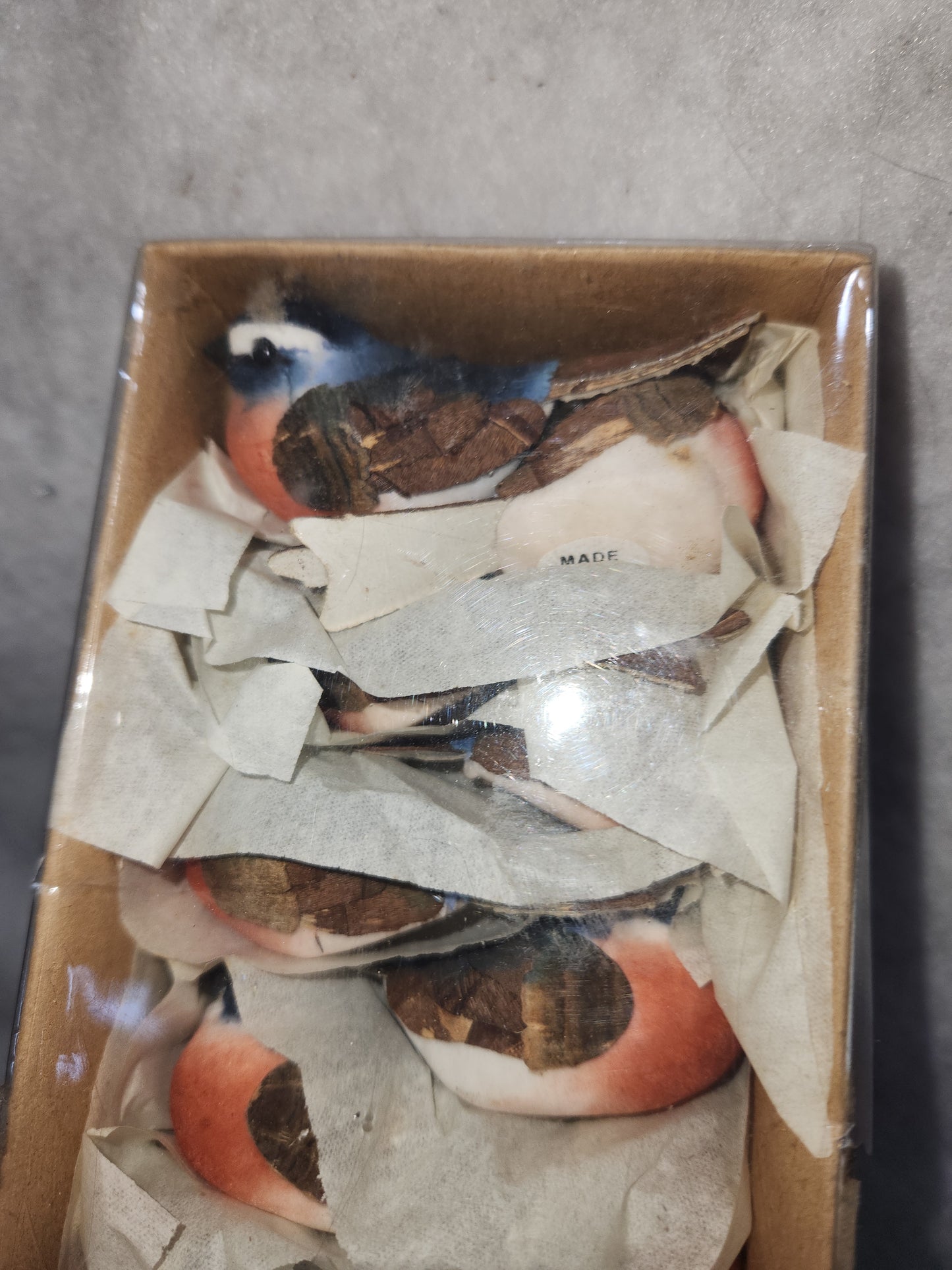 Box of 12 blue, peach and white "mushroom" birds new