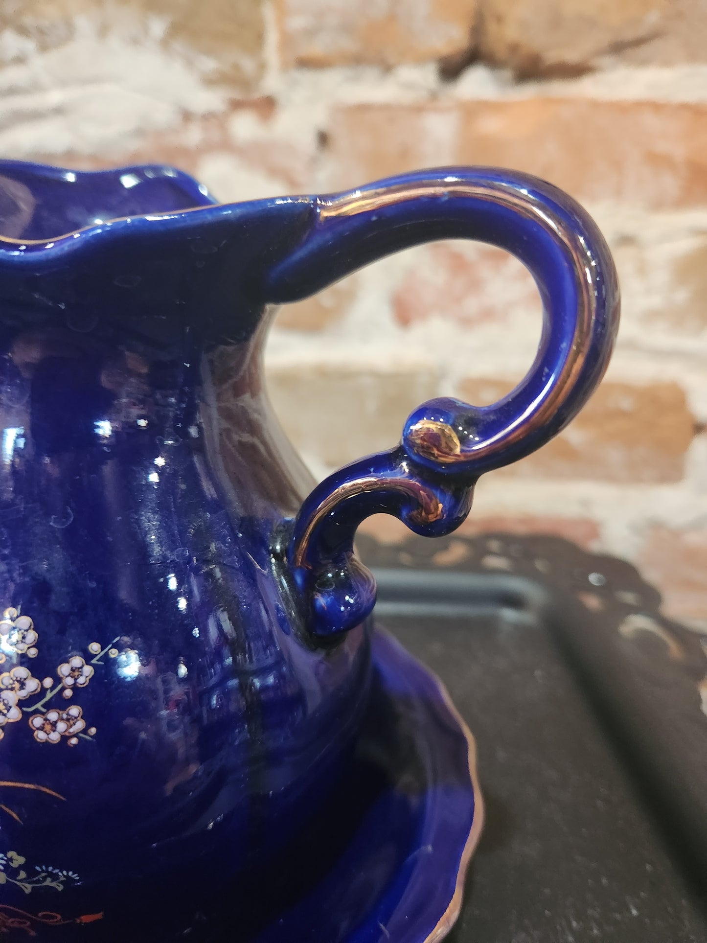 Porcelain Small Pitcher Bowl Set Taiwan Blue Floral Gold Trim Accent pit23