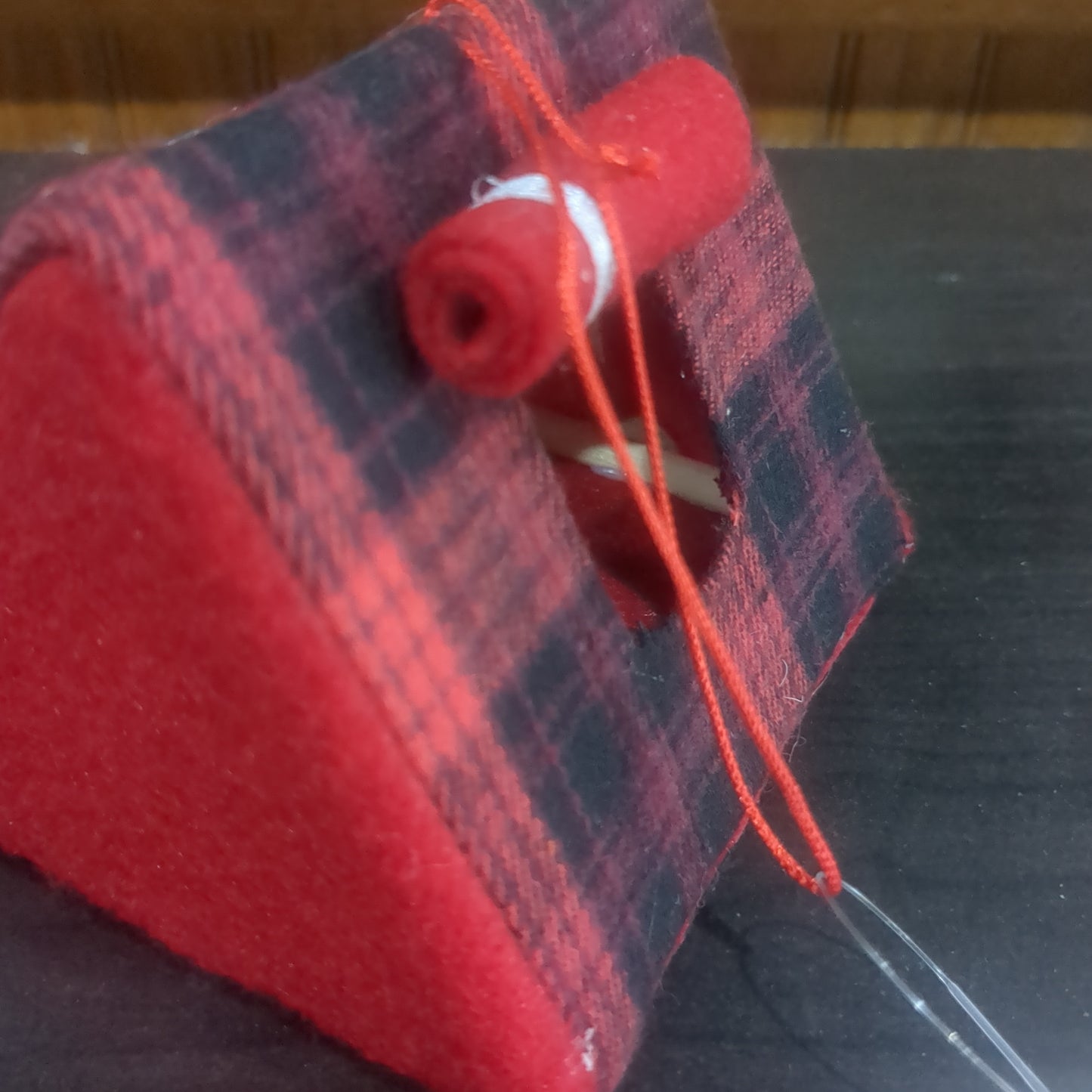 Ornament Plaid fabric tent with rolled window flaps, 5.5in