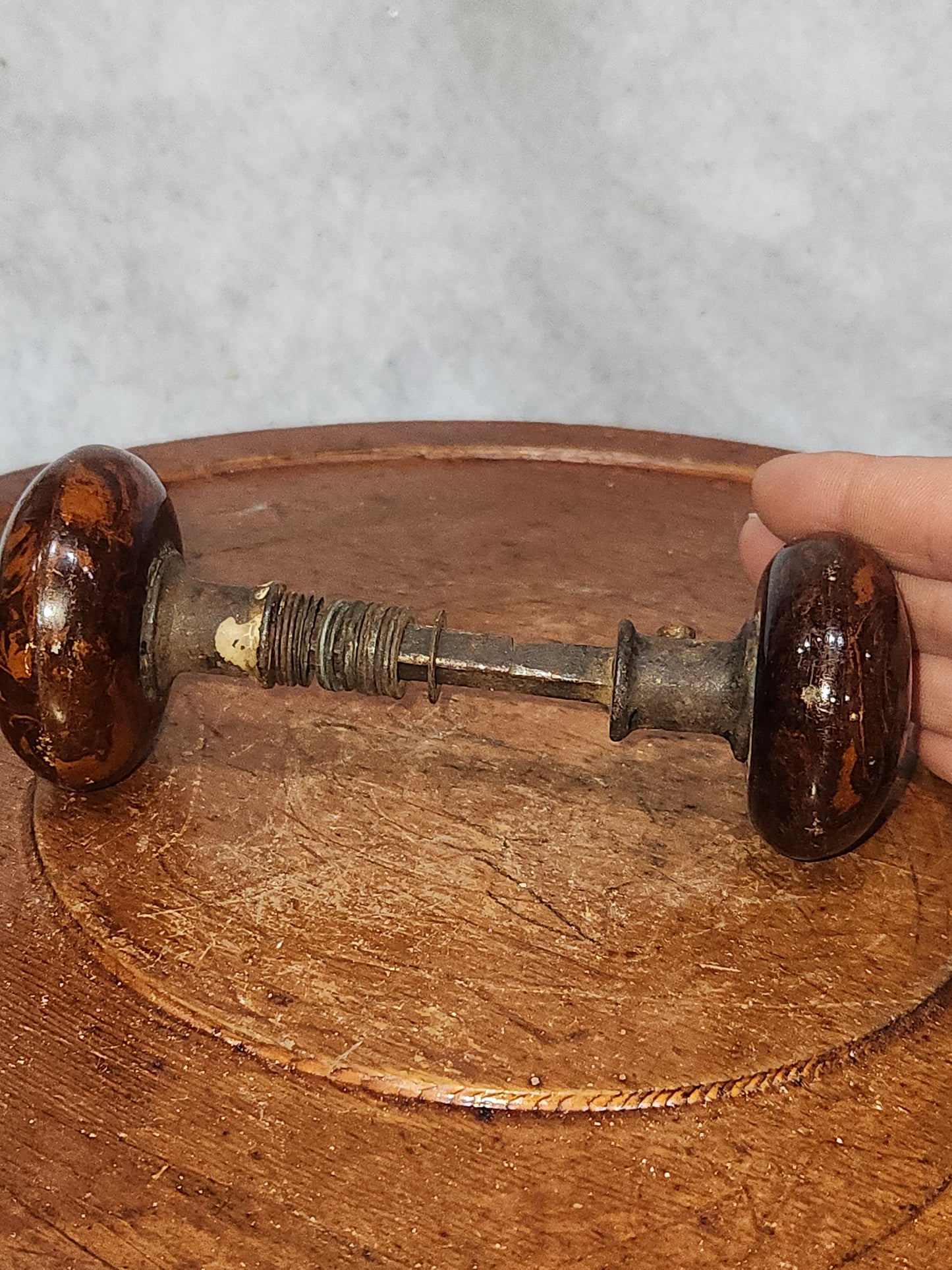 Antique Porcelain Brown Marble or Swirl Door Knobs attached to a stem kn17