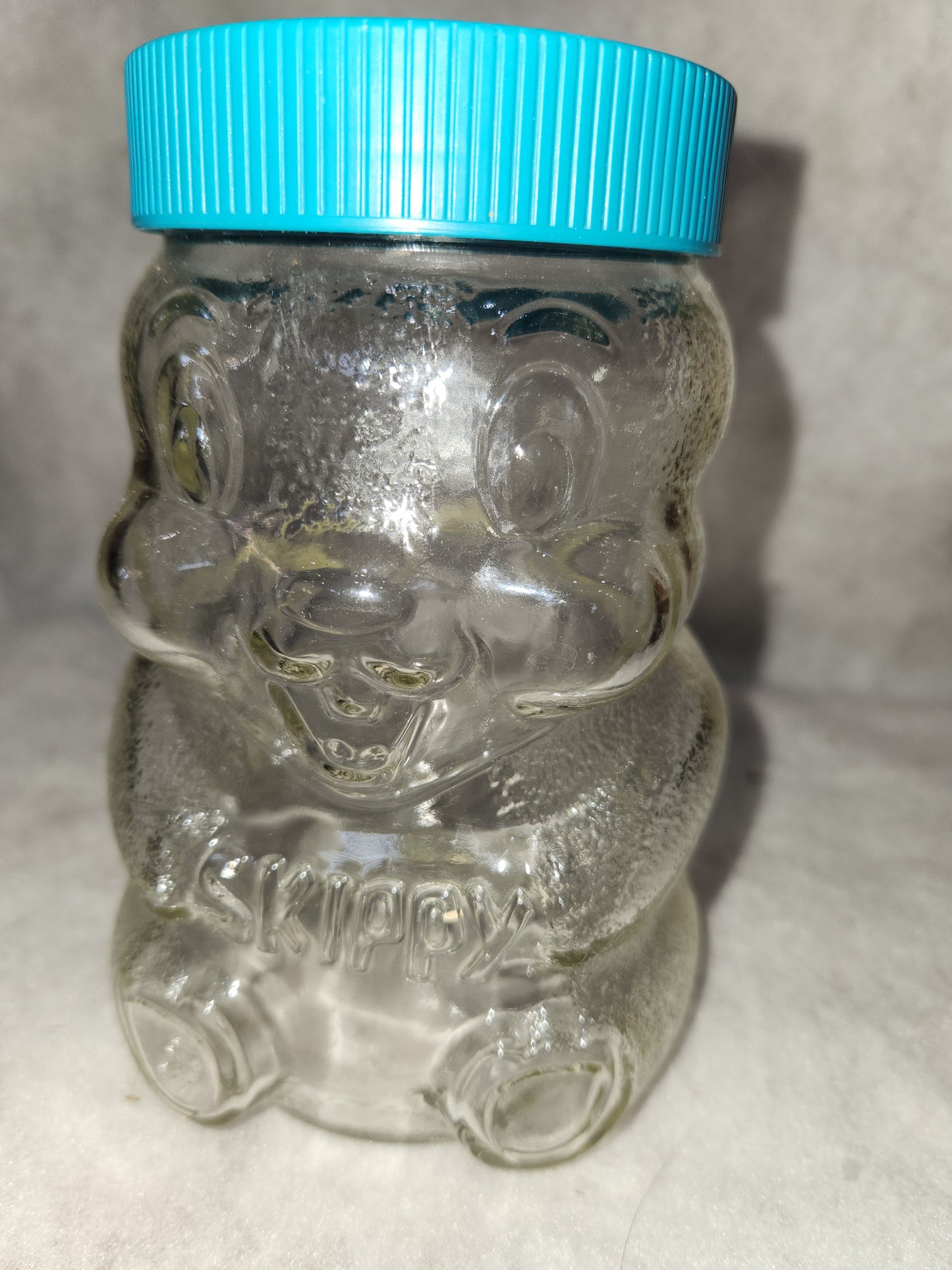 Vintage 1990 Skippy Peanut Butter- Beaver Glass Jar Bank- 100th Anniversary turquoise lid skj1