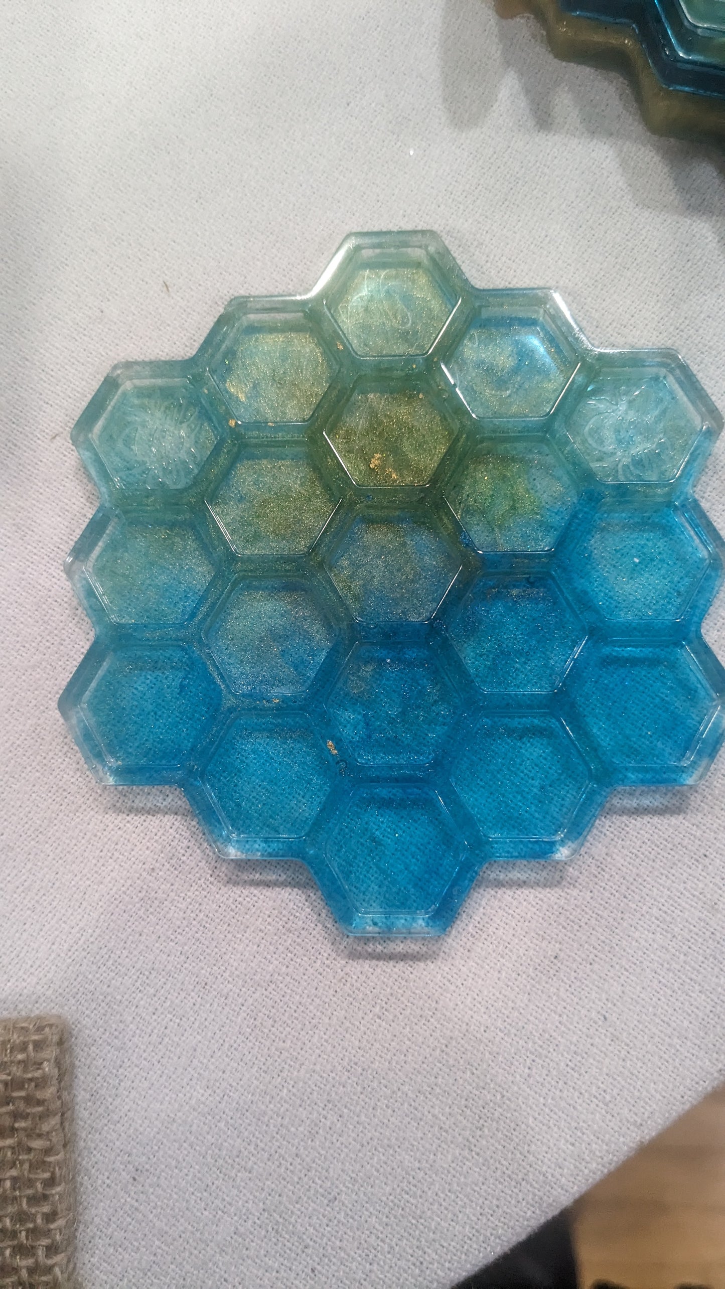 Coaster Set turquoise and gold honeycomb and Bee