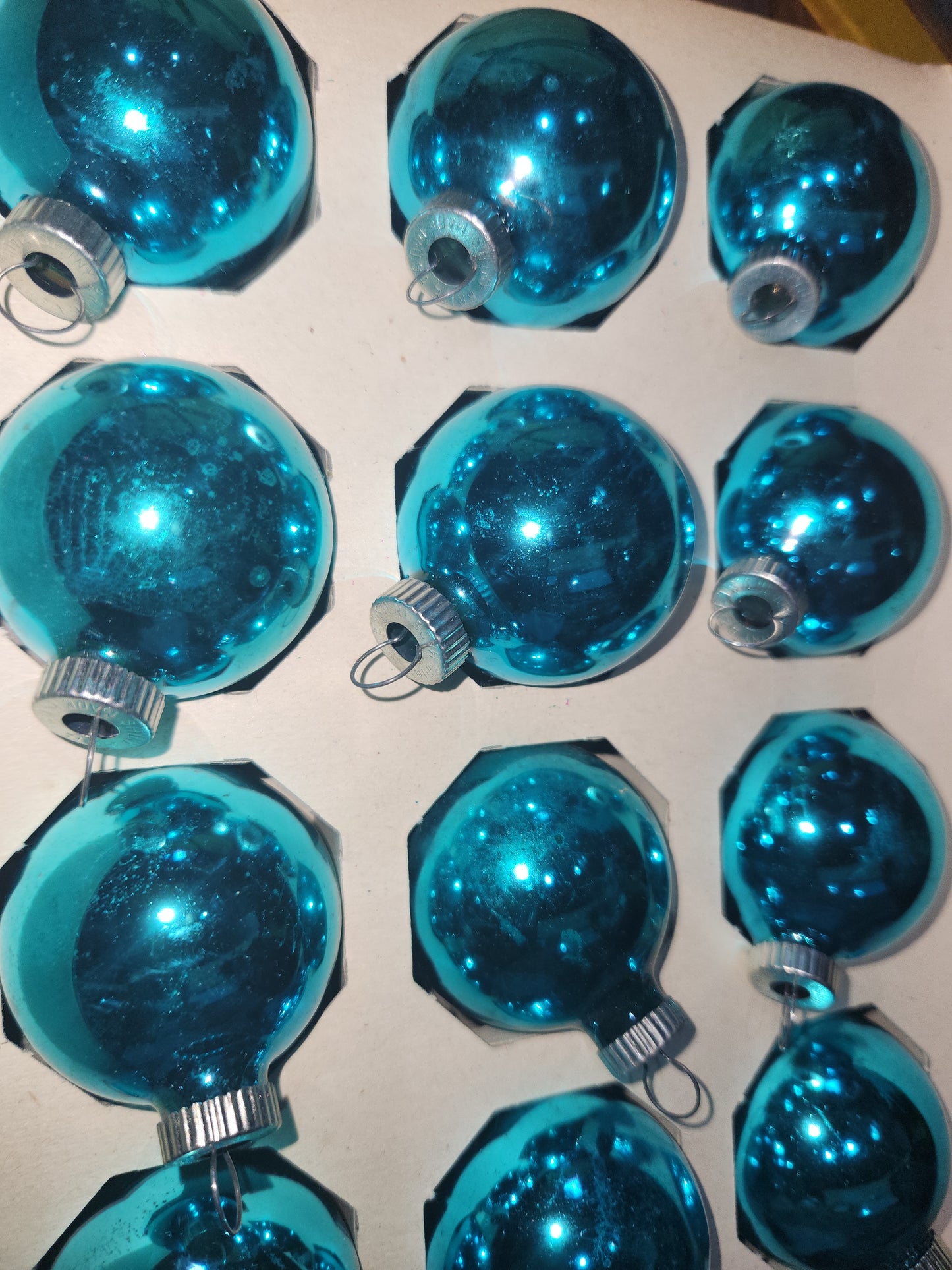 Box of vintage Shiny Brite turquoise blue ornament 1 1/2" Bo14