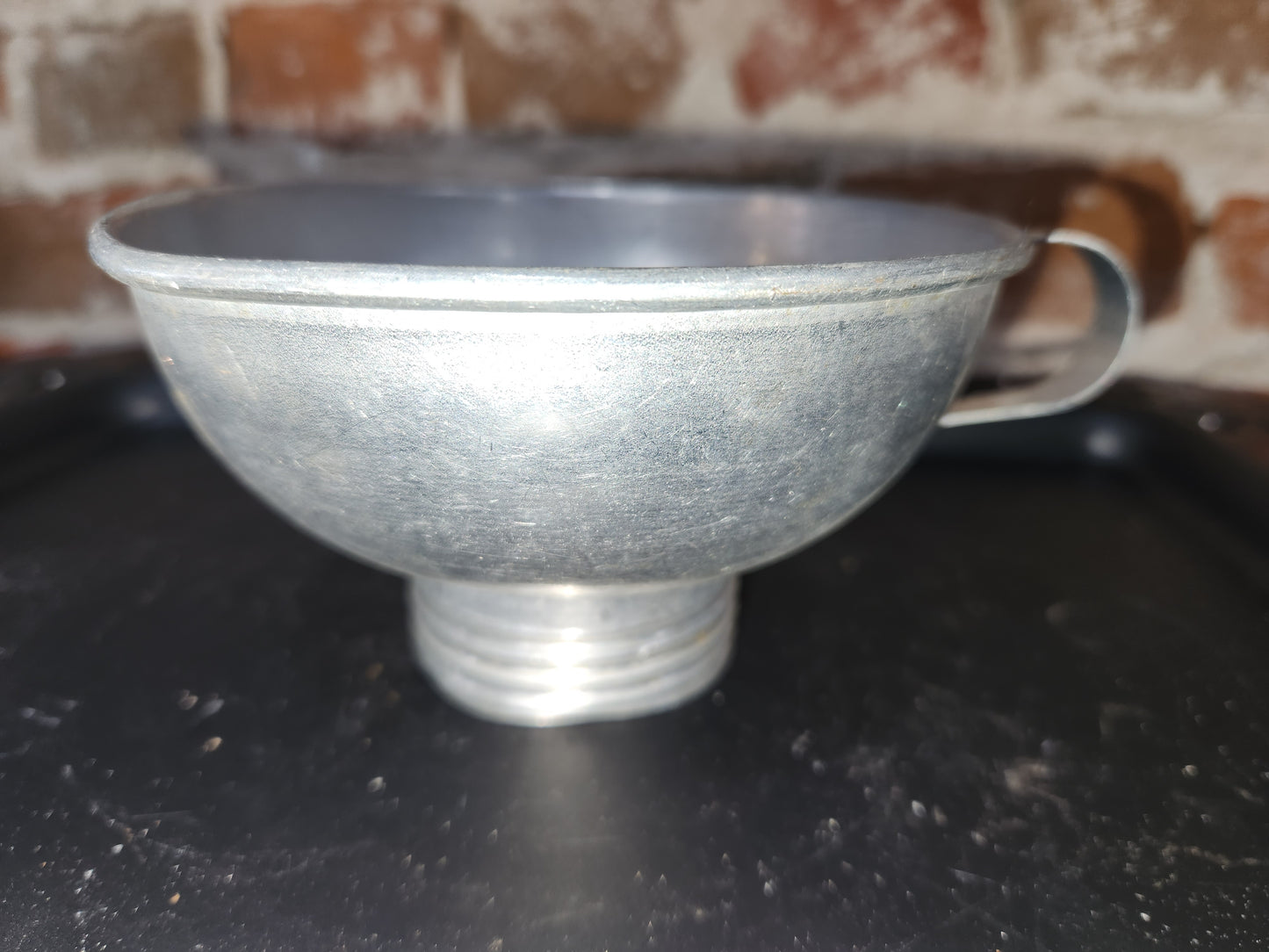 Antique Primitive Metal Funnel Riveted Handle Screw Threaded Bottom alu298