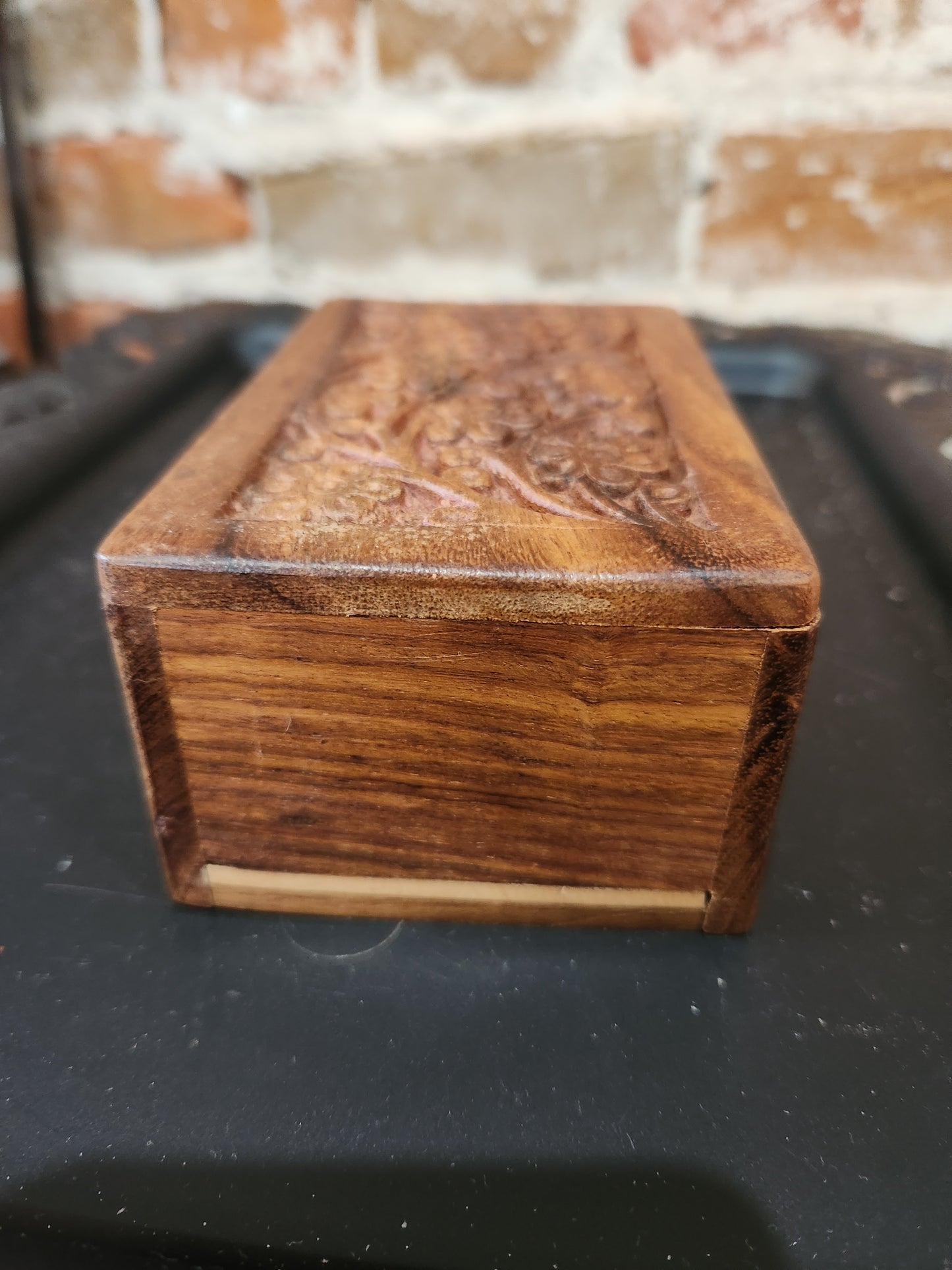 Vintage Hand Craved Wooden Box Lid Opening on Bottom Floral Design smaller of the two boxes box46