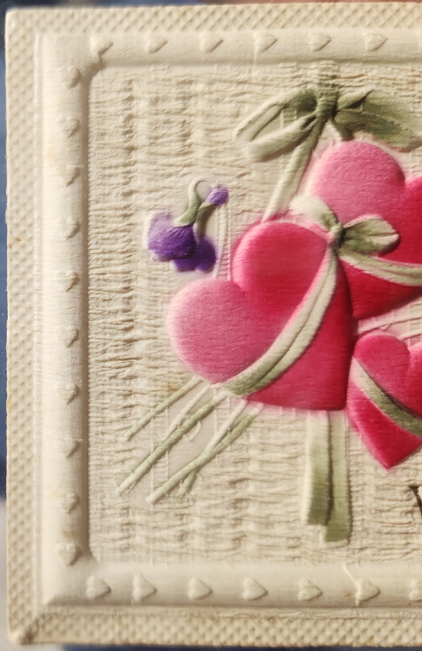 Antique Valentine post card Valentine Greeting Embossed Hearts and Violets