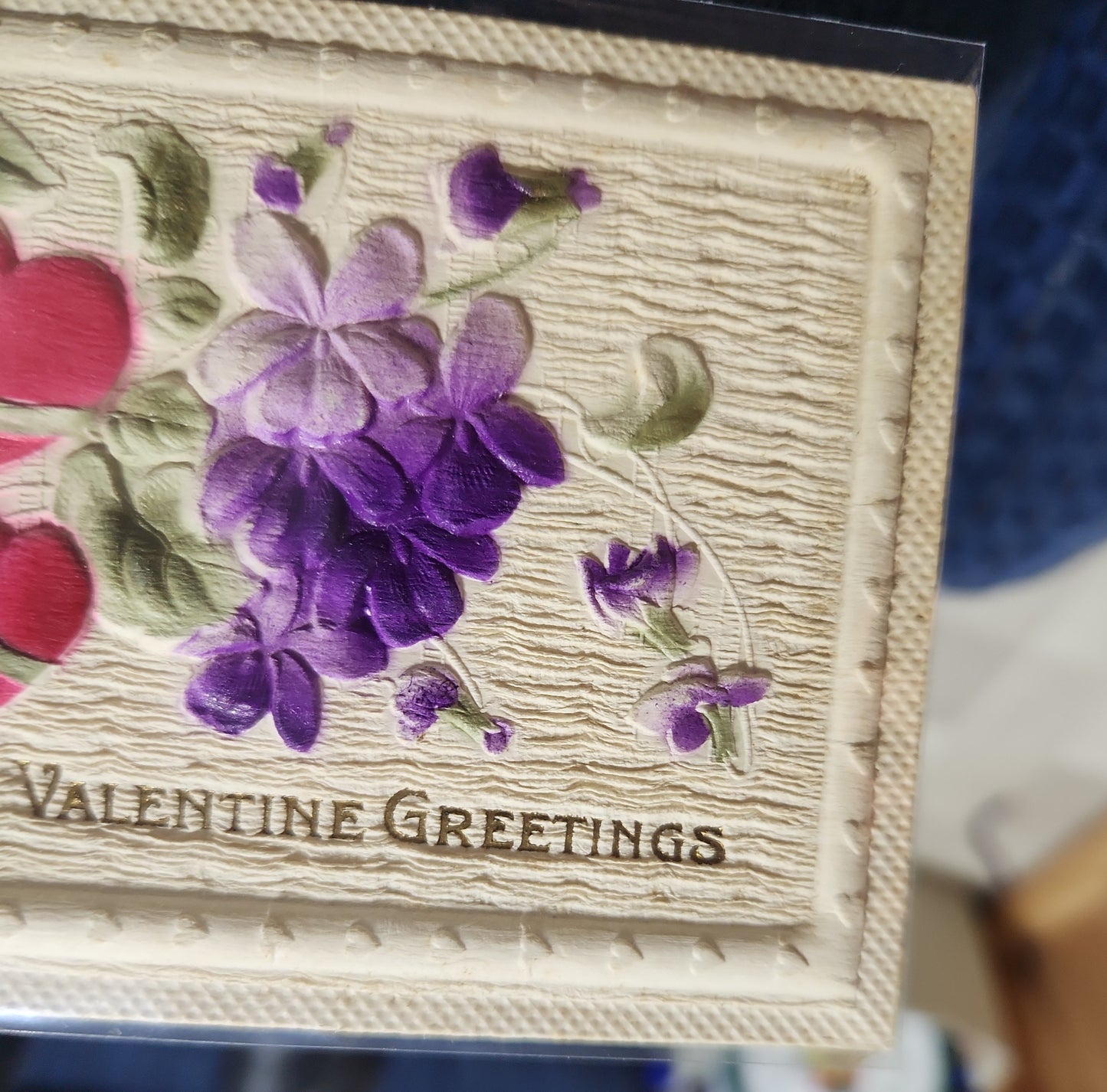 Antique Valentine post card Valentine Greeting Embossed Hearts and Violets