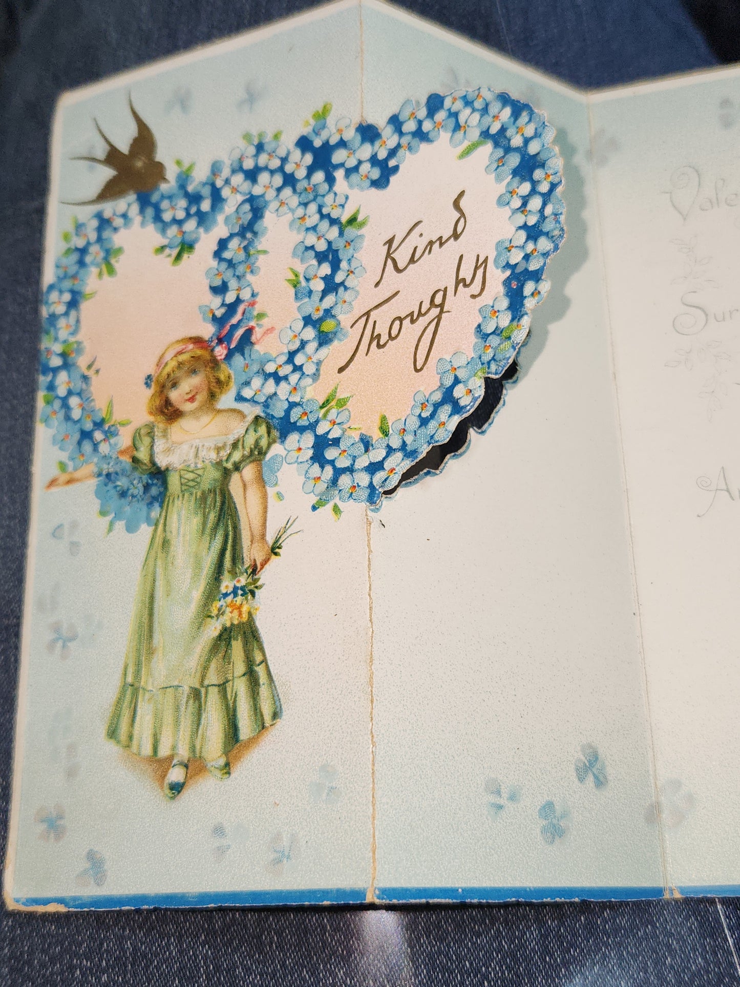 Antique Tuck & Sons Valentines Day Greeting Card Girl, gold birds, blue flowers, Kind Thoughts
