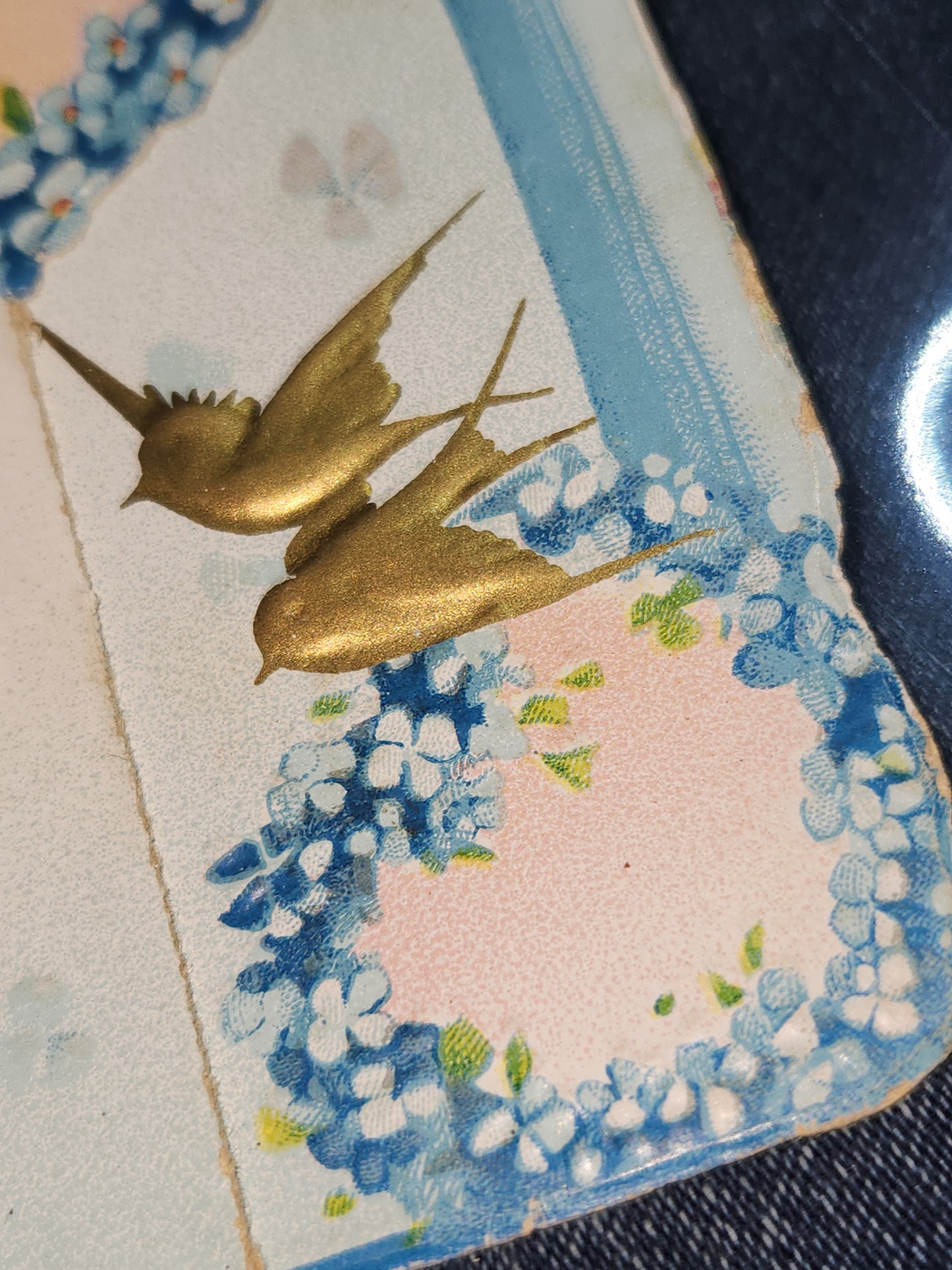 Antique Tuck & Sons Valentines Day Greeting Card Girl, gold birds, blue flowers, Kind Thoughts