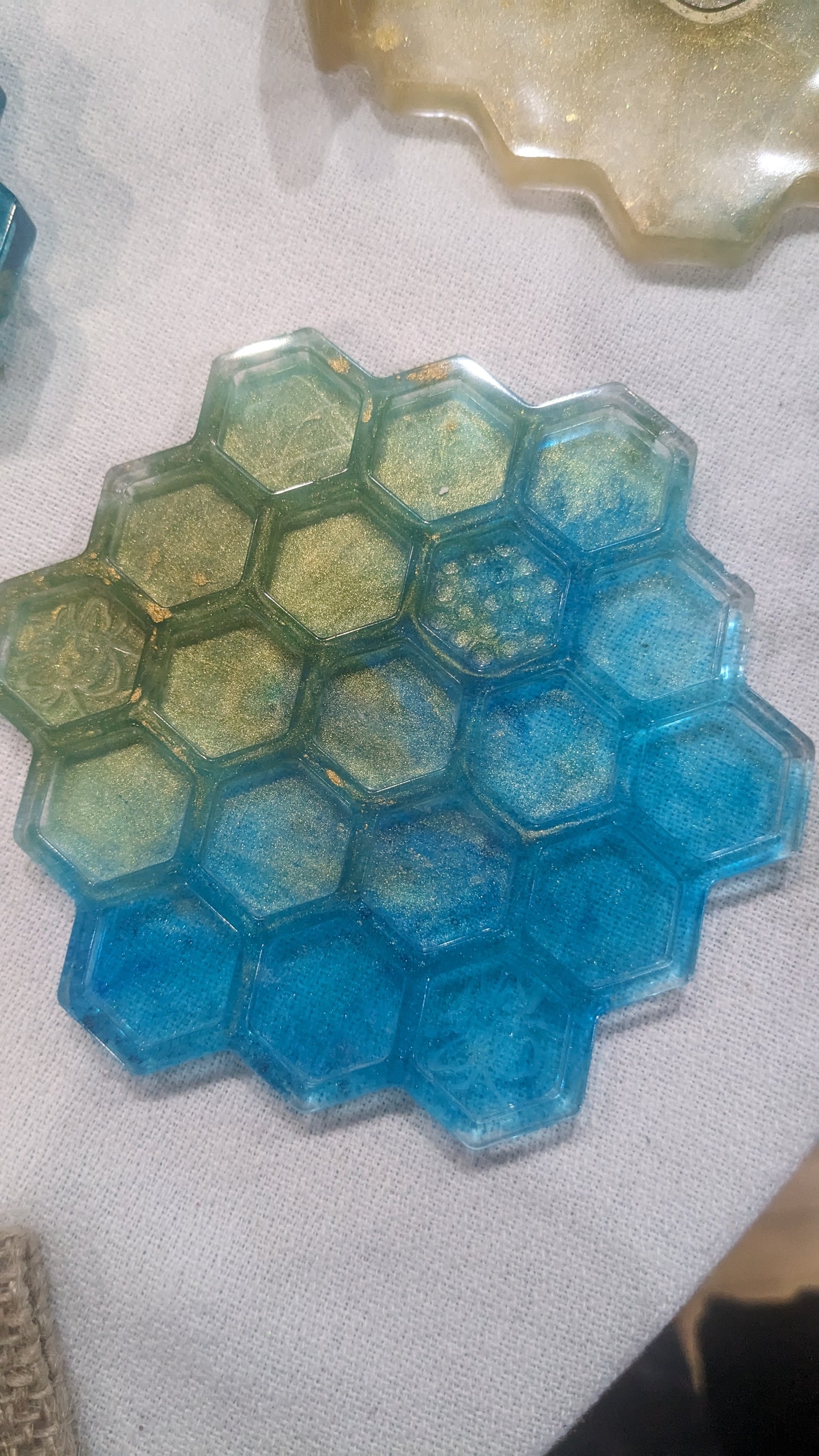 Coaster Set turquoise and gold honeycomb and Bee