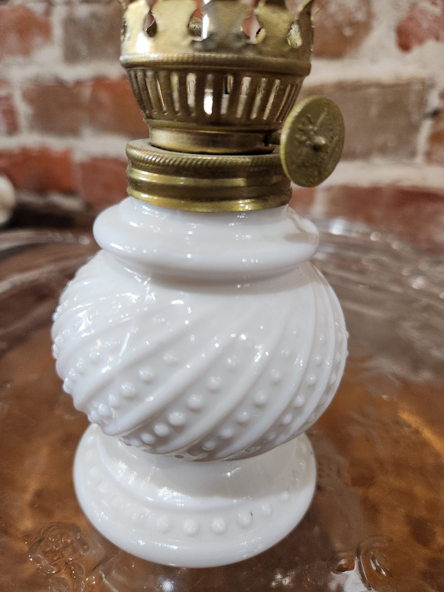 Vintage Enesco Miniature Round Hobnail Milk Glass Oil Lamp 8” lamp4