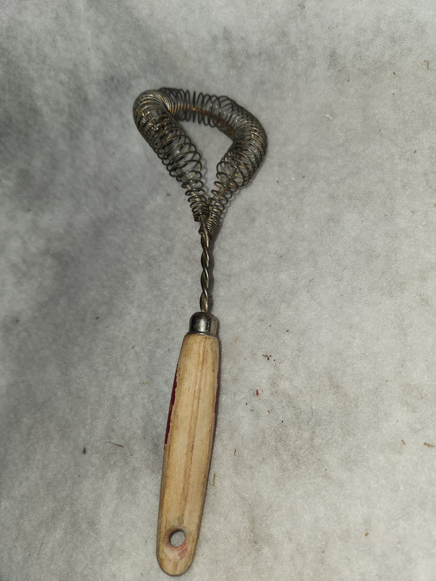 Vintage utensil twisted coiled whisk stainless steel worn red wooden handle kit558