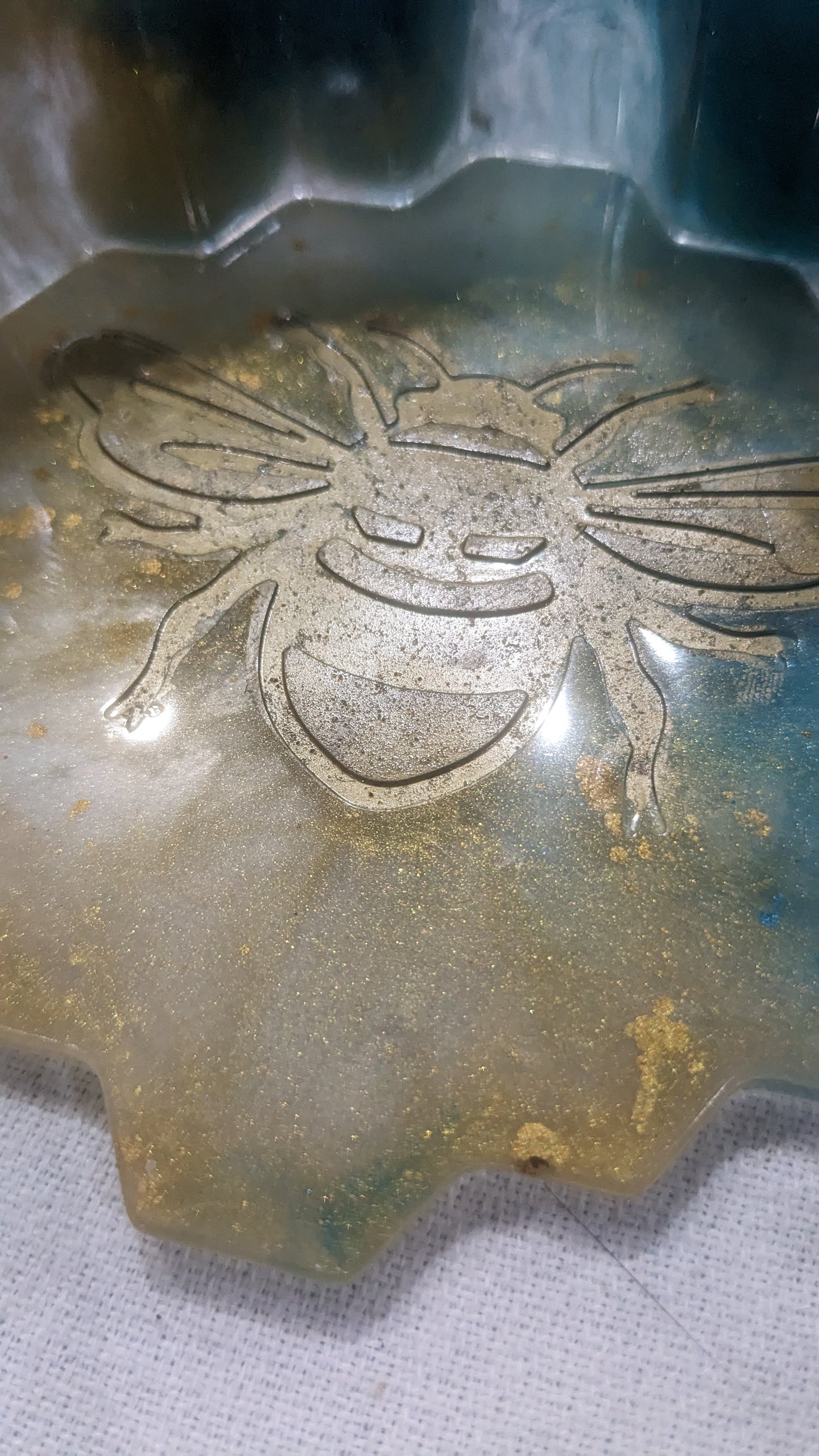 Coaster Set turquoise and gold honeycomb and Bee