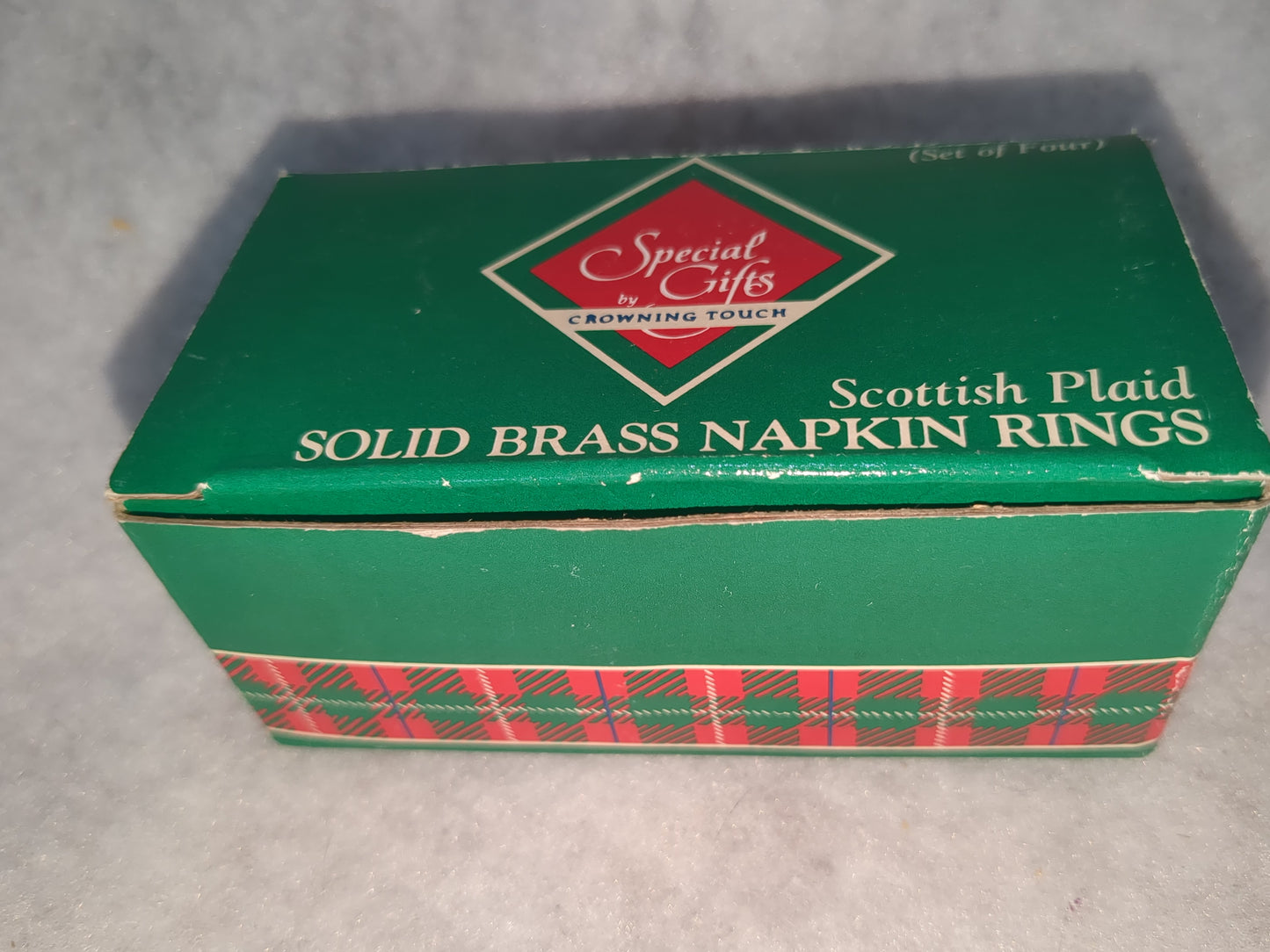 Vintage Scottish Plaid Set Of 4 Christmas Tree solid brass napkin rings br46