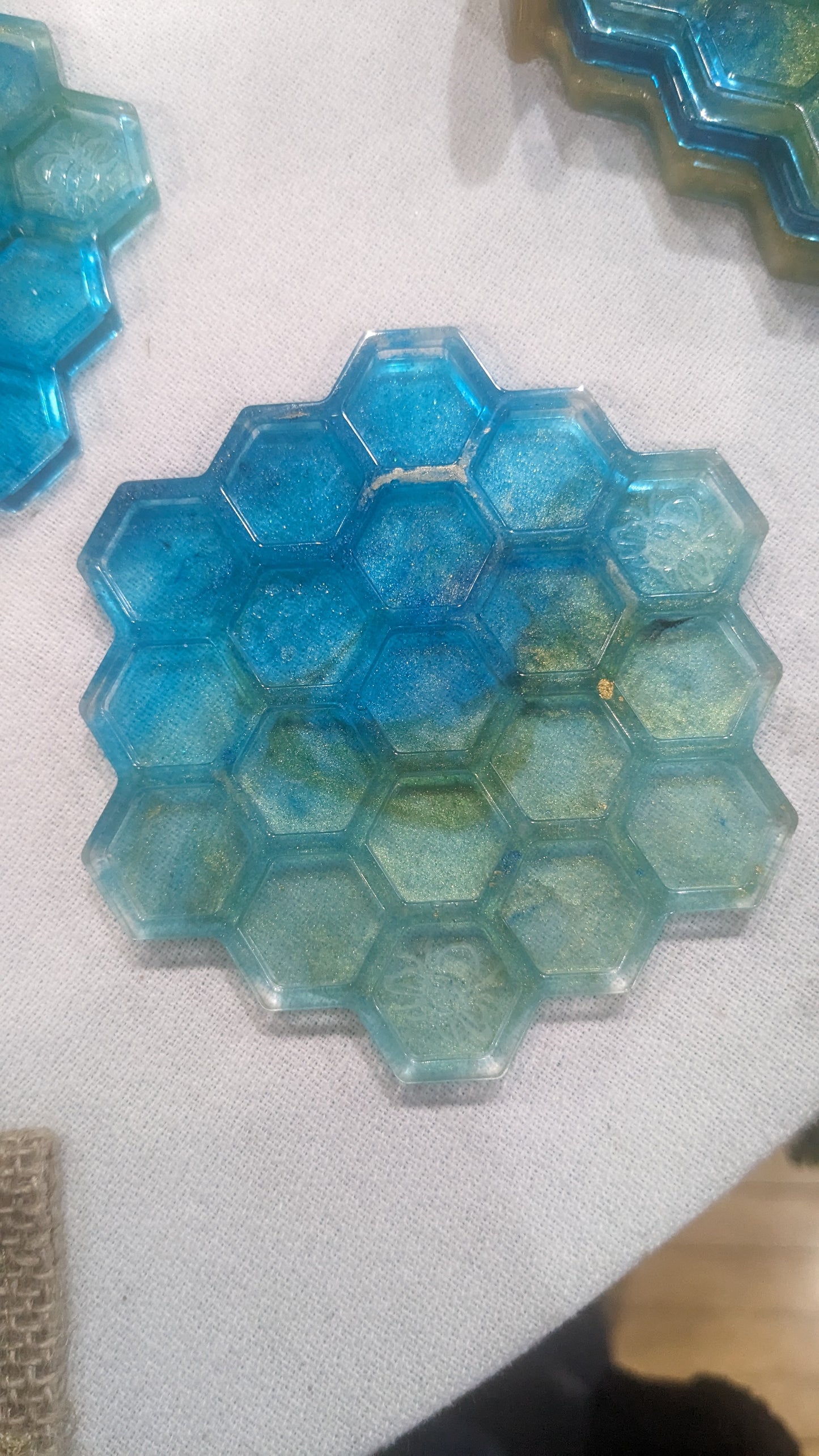 Coaster Set turquoise and gold honeycomb and Bee