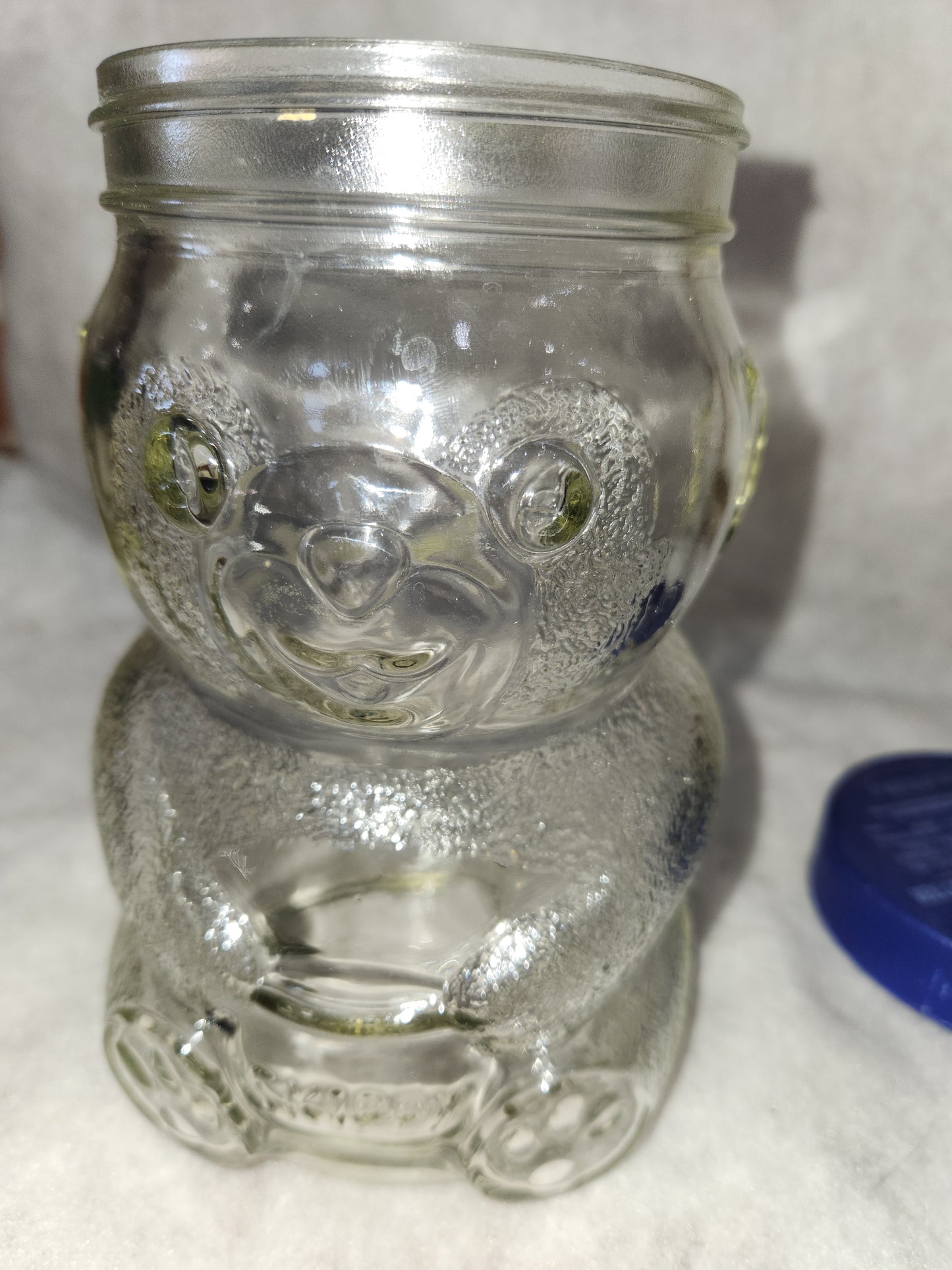 Vintage 1990s Skippy Peanut Butter Bear Glass Jar 100th Anniversary Blue Plastic Lid  48oz skj7