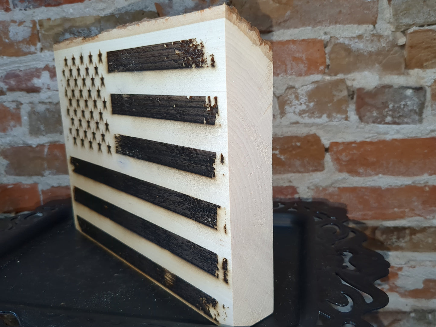 Live edge slab wood worn flag laser engraved ew52
