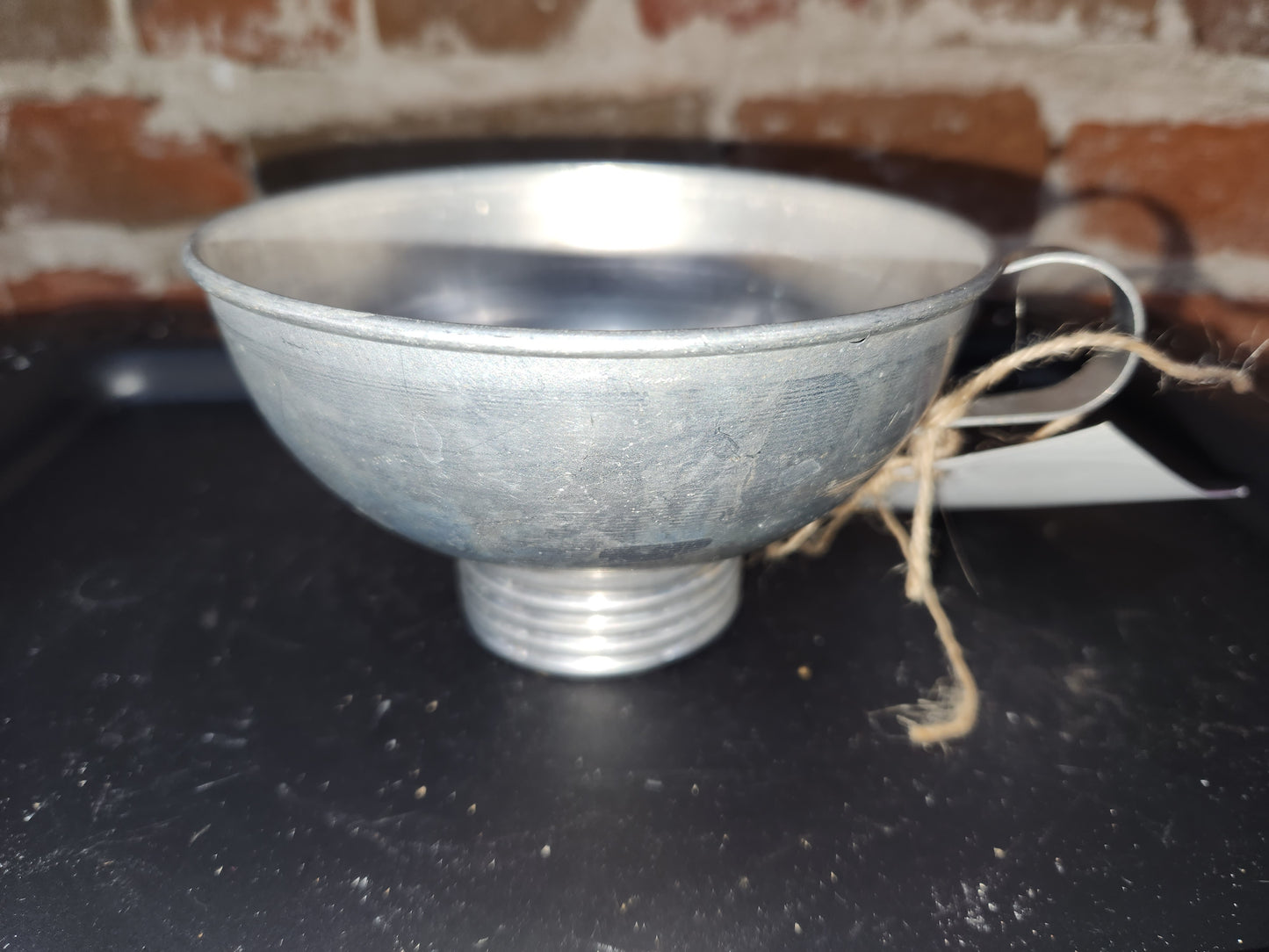 Antique Primitive Metal Funnel Riveted Handle Screw Threaded Bottom good condition alu299