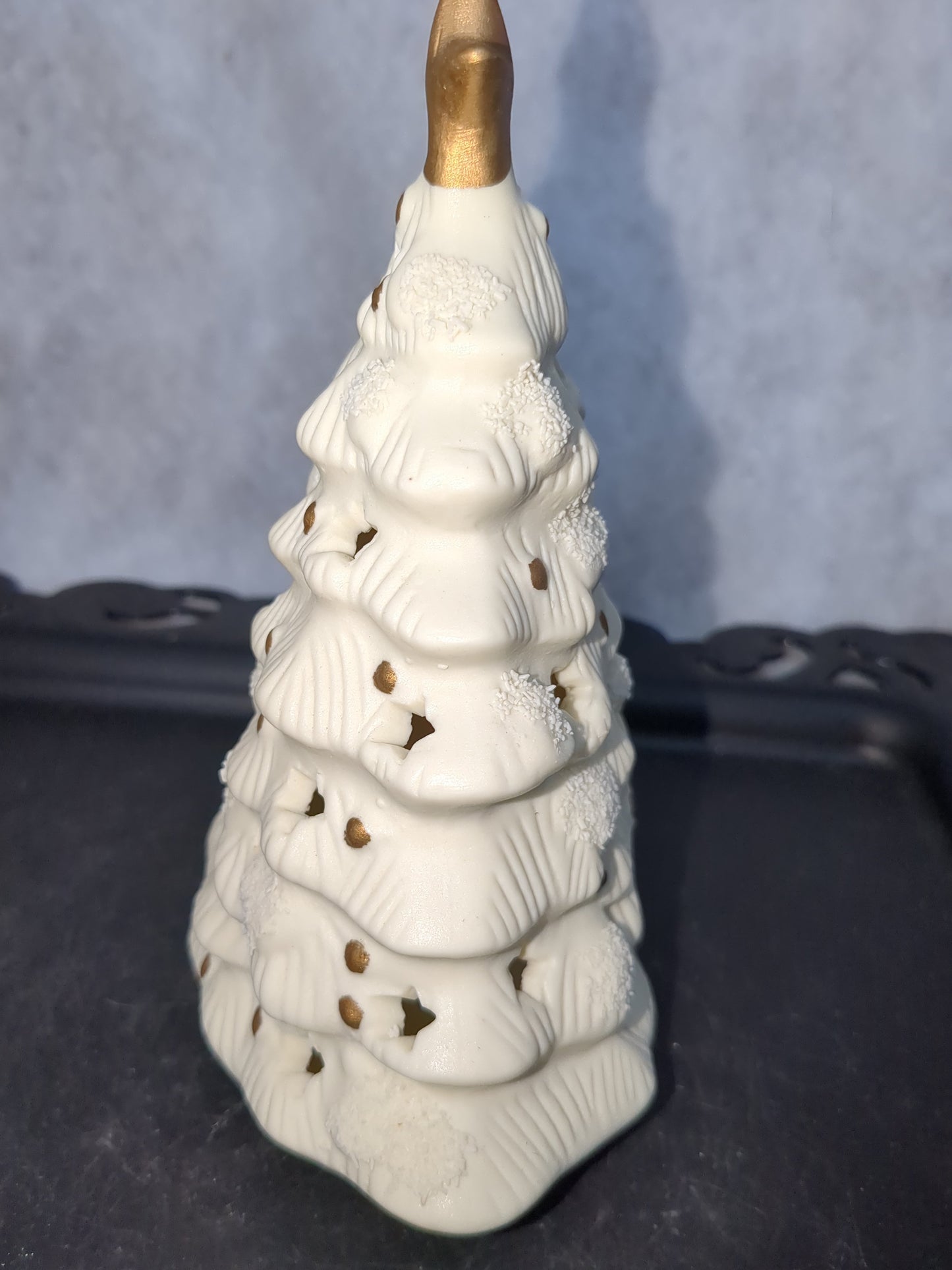Vintage Matte Ceramic Christmas Tree Votive Holder-White Gold Star Candles