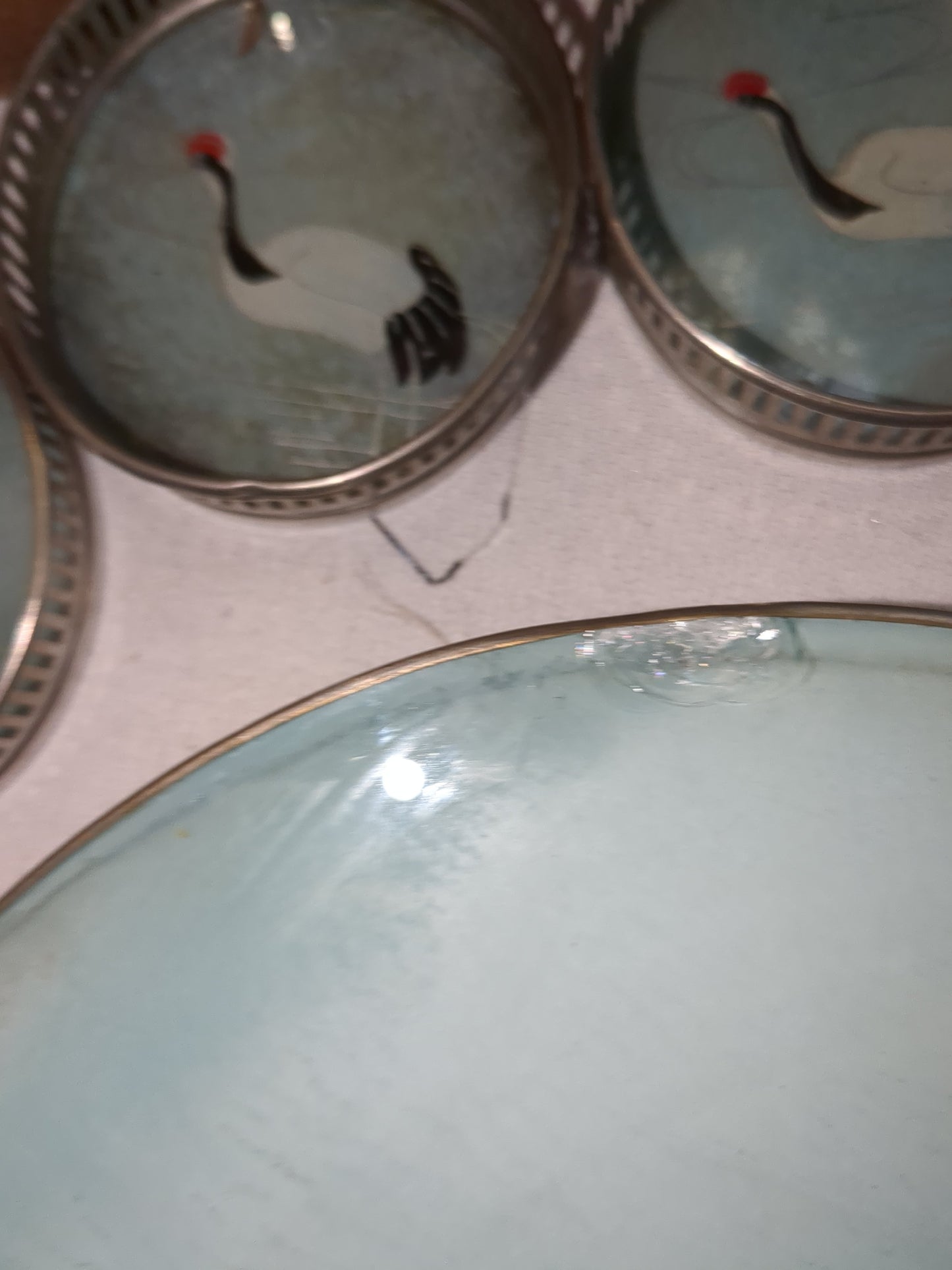 Vintage glass serving tray made in Japan with sandhill cranes on it includes five coasters