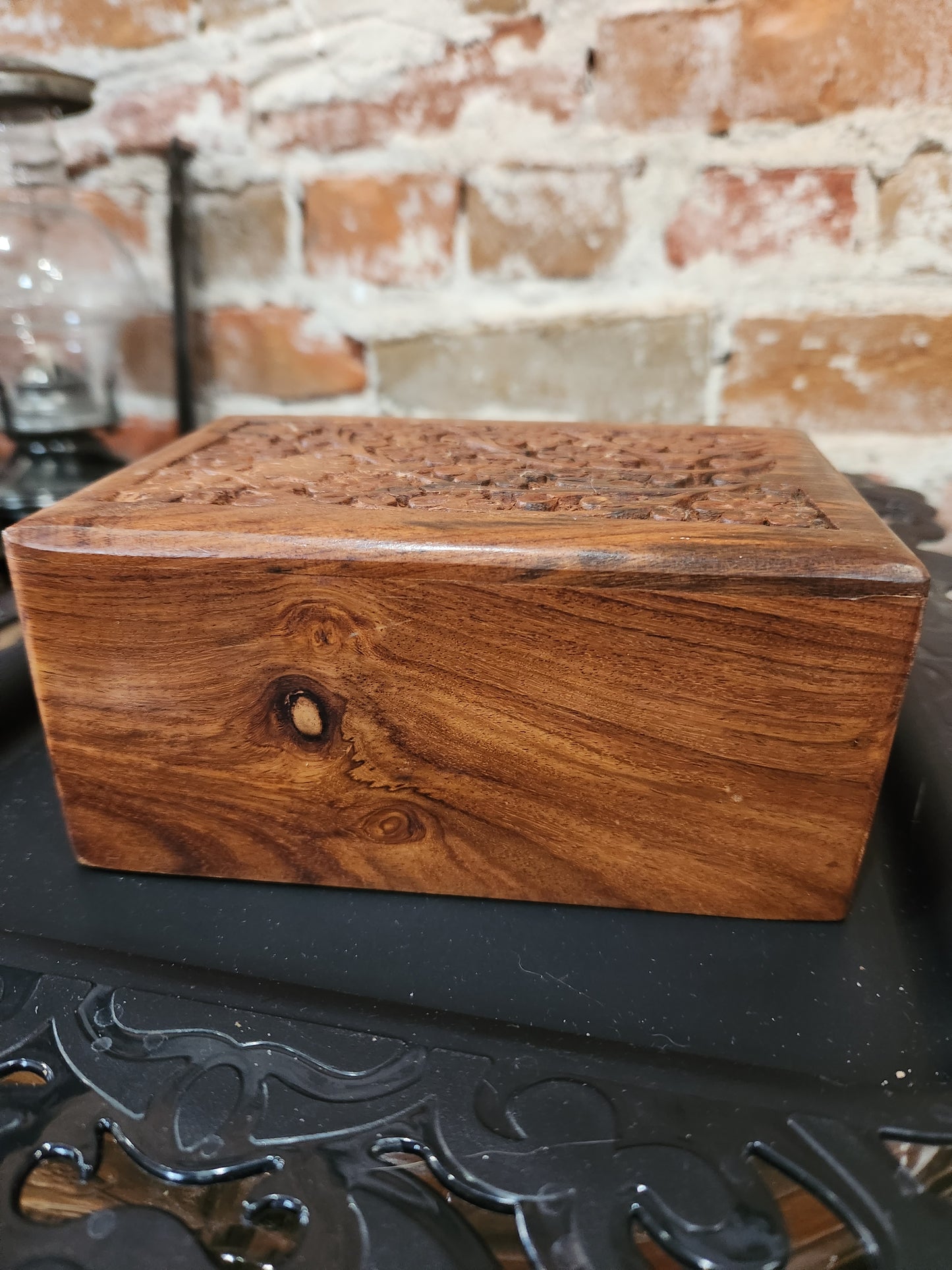Vintage Hand Craved Wooden Box Lid Opening on Bottom Floral Design box45