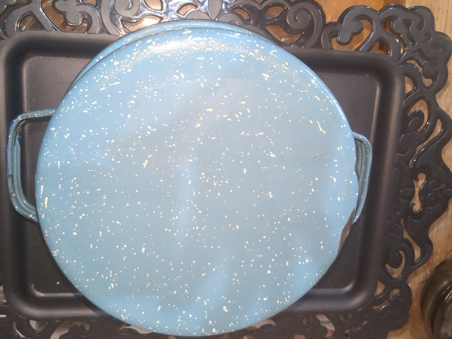 Vintage Enamelware Blue Speckled Pot Saucepan Roaster Base Farmhouse Graniteware ena65