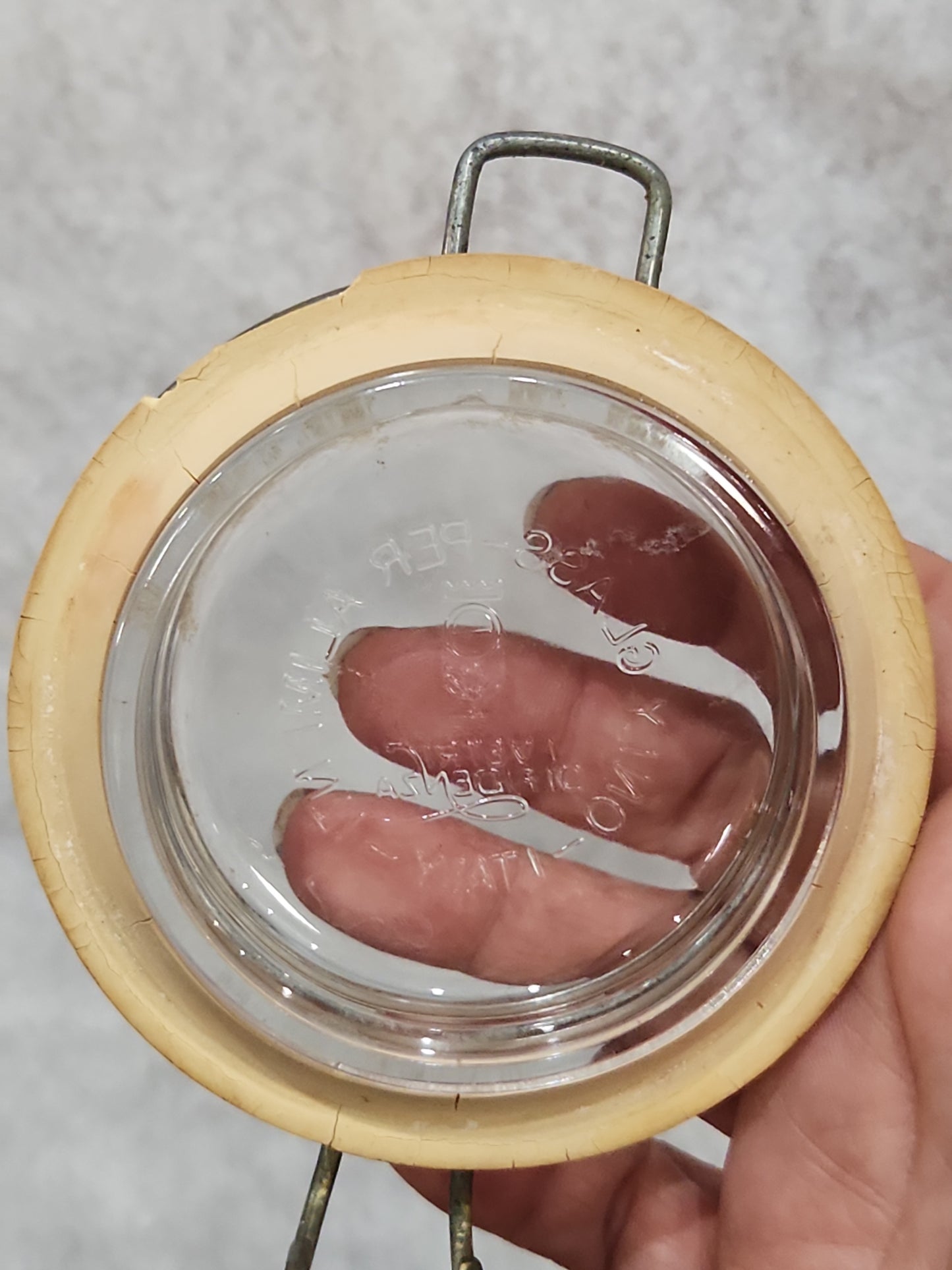 Vintage Italy Per Alimenti 2L glass square canister wire bale jar87