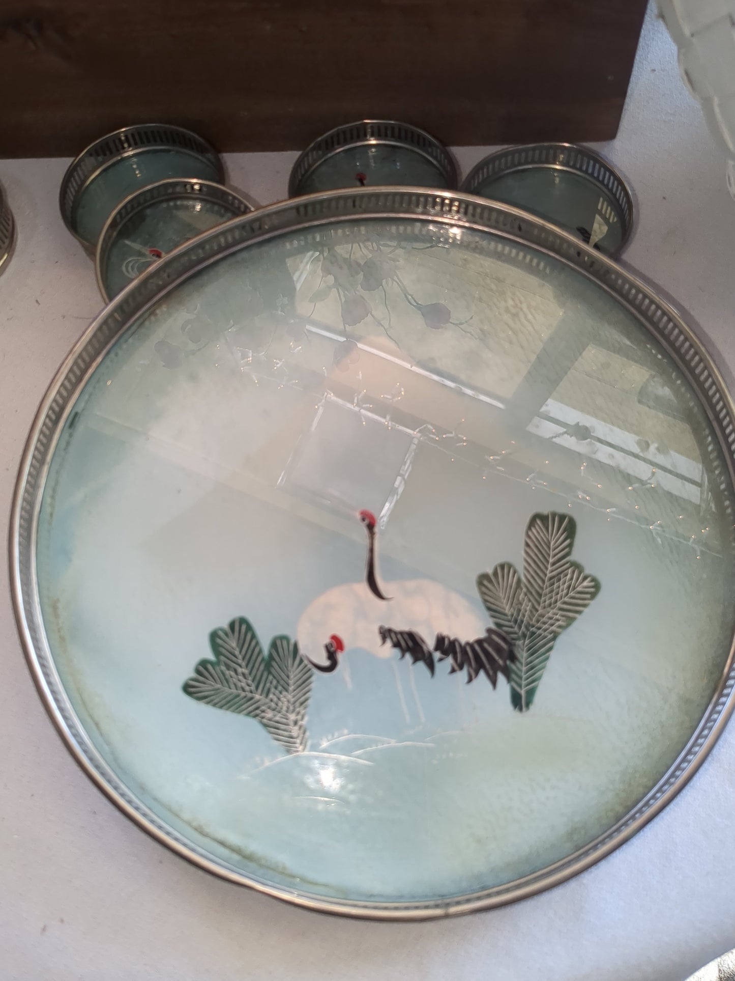 Vintage glass serving tray made in Japan with sandhill cranes on it includes five coasters
