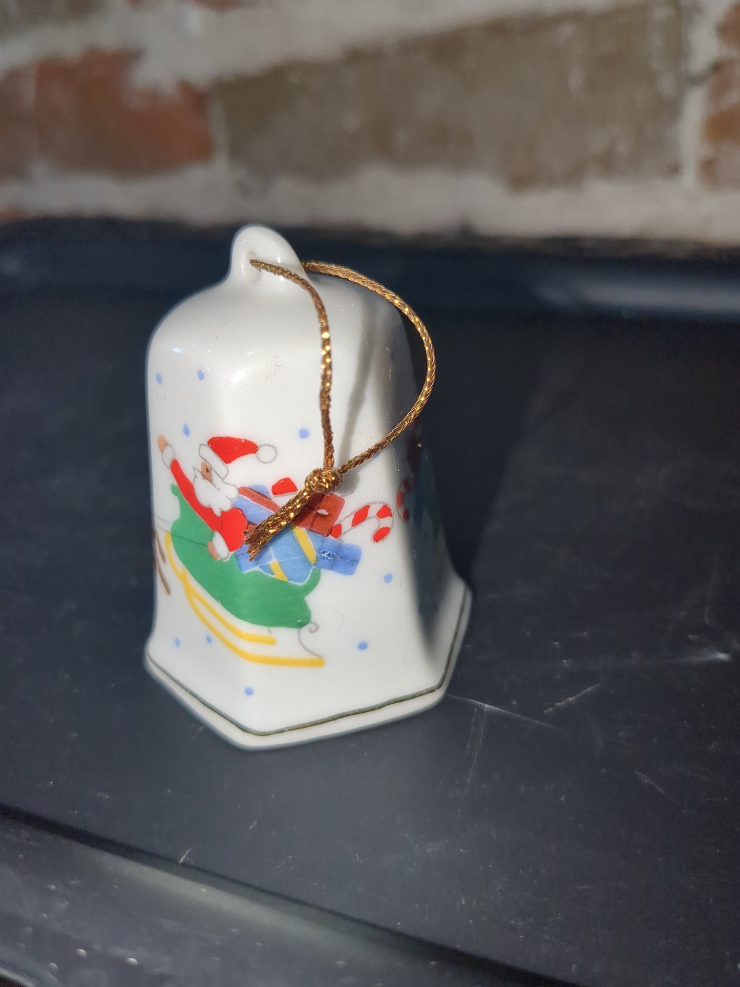 vintage Lillian Vernon Porcelain Bell 1986 Santa Sleigh Reindeer 2" Christmas Ornament bell56