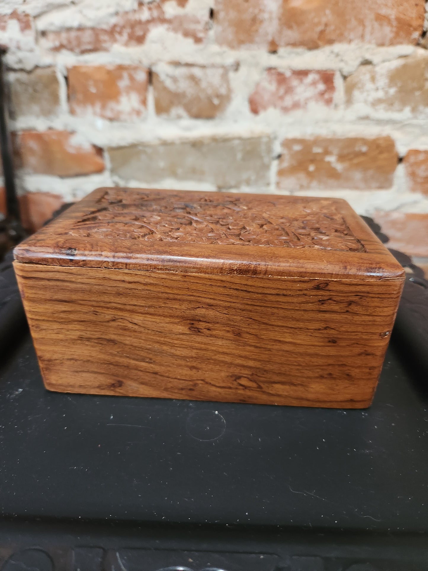 Vintage Hand Craved Wooden Box Lid Opening on Bottom Floral Design box45