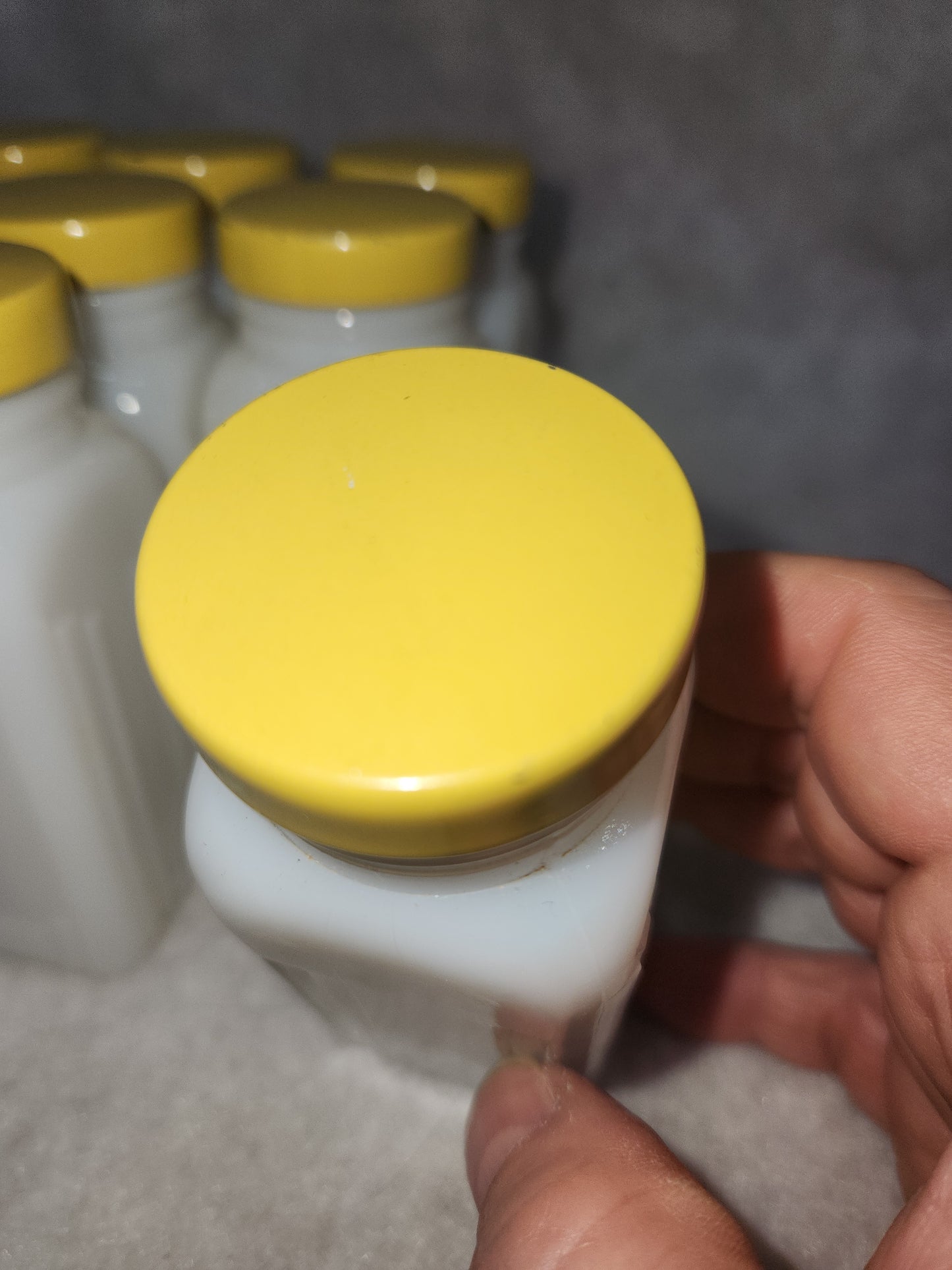 Vintage Milk Glass Spice jars Set Of 12 yellow lids mg78