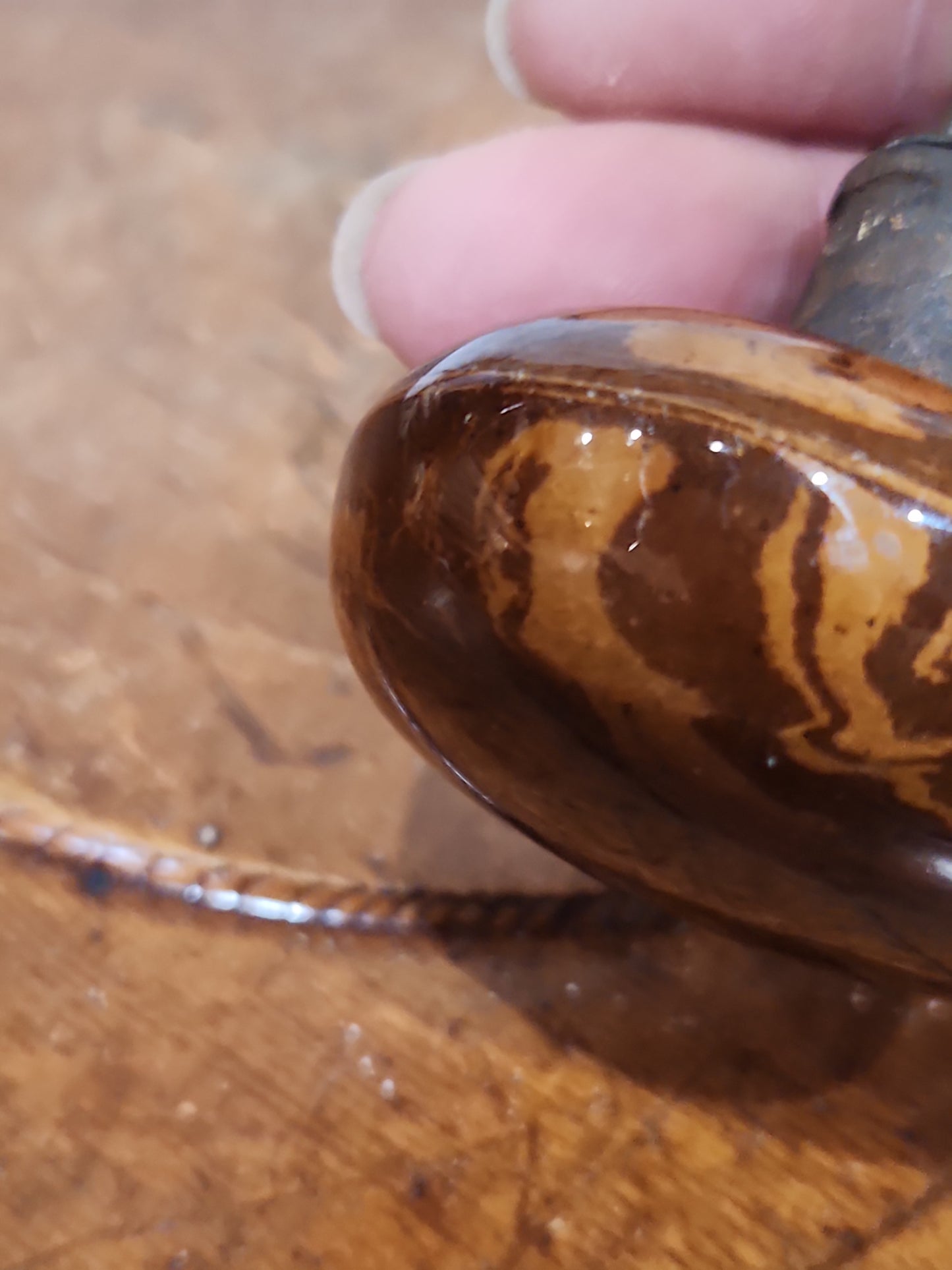 Antique UNMATCHING Porcelain Brown Marble or Swirl Door Knobs attached to a stem kn20